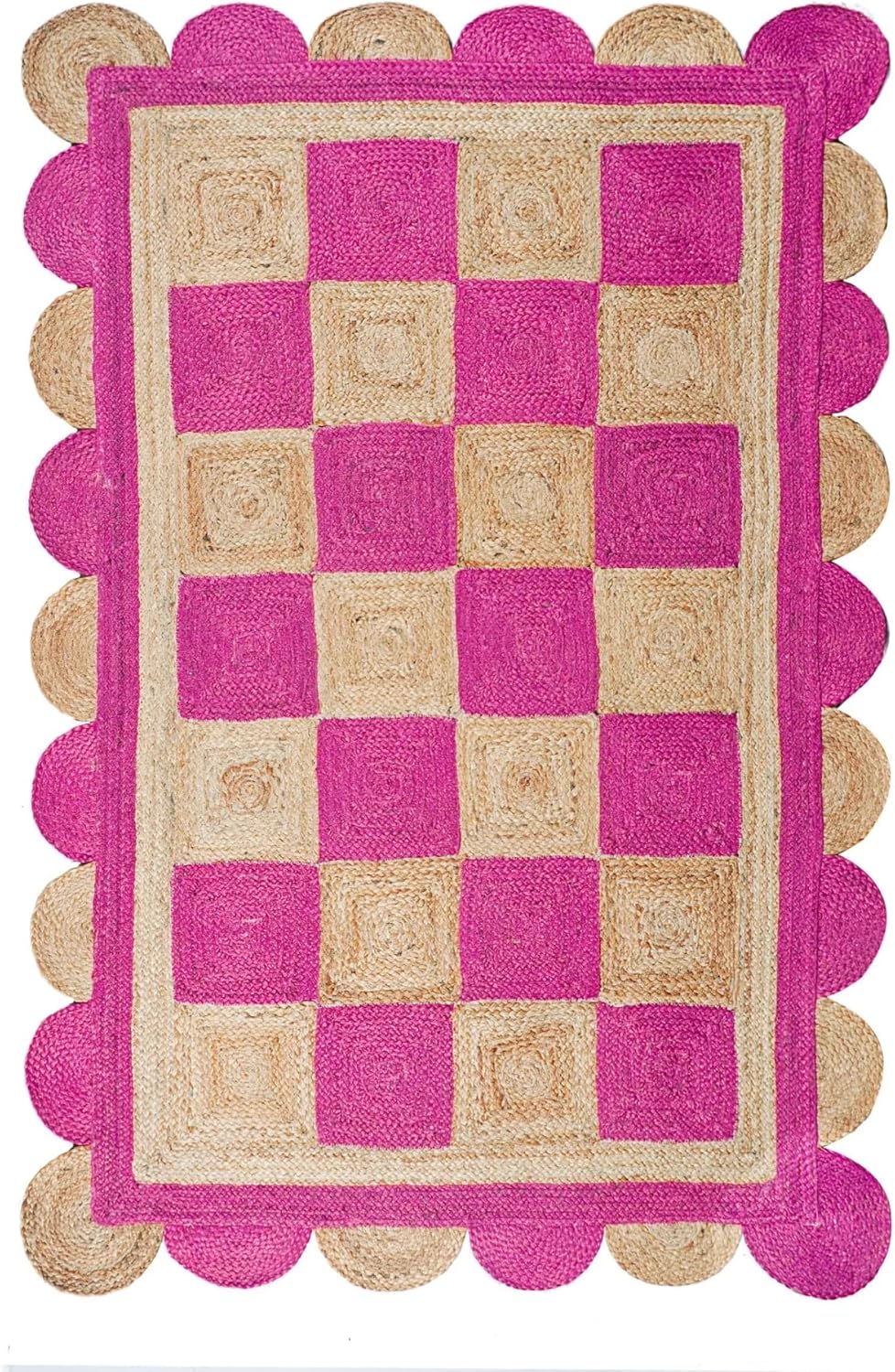 Handmade Jute Scalloped Area Rug – Bohemian Braided Rug for Home Décor, Custom Size Textured Rug