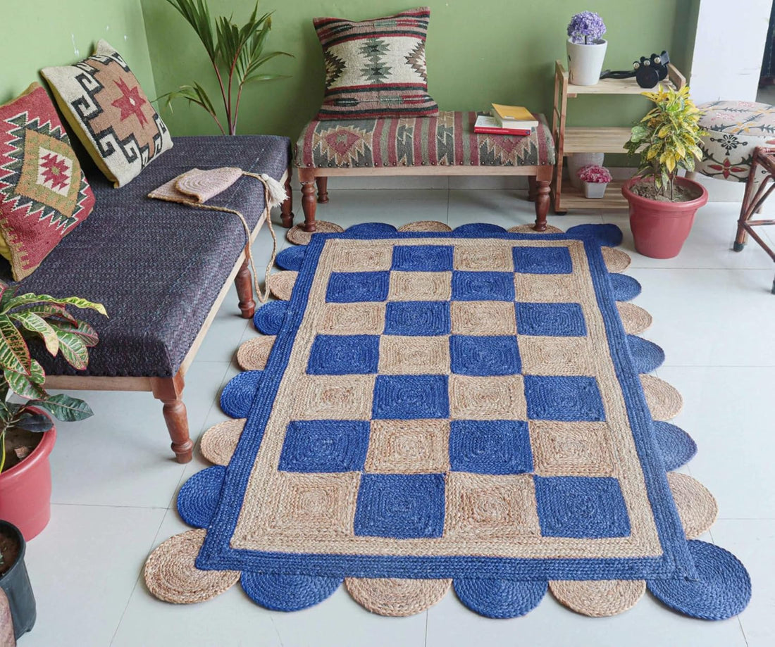 Handmade Jute Scalloped Area Rug – Bohemian Braided Rug for Home Décor, Custom Size Textured Rug