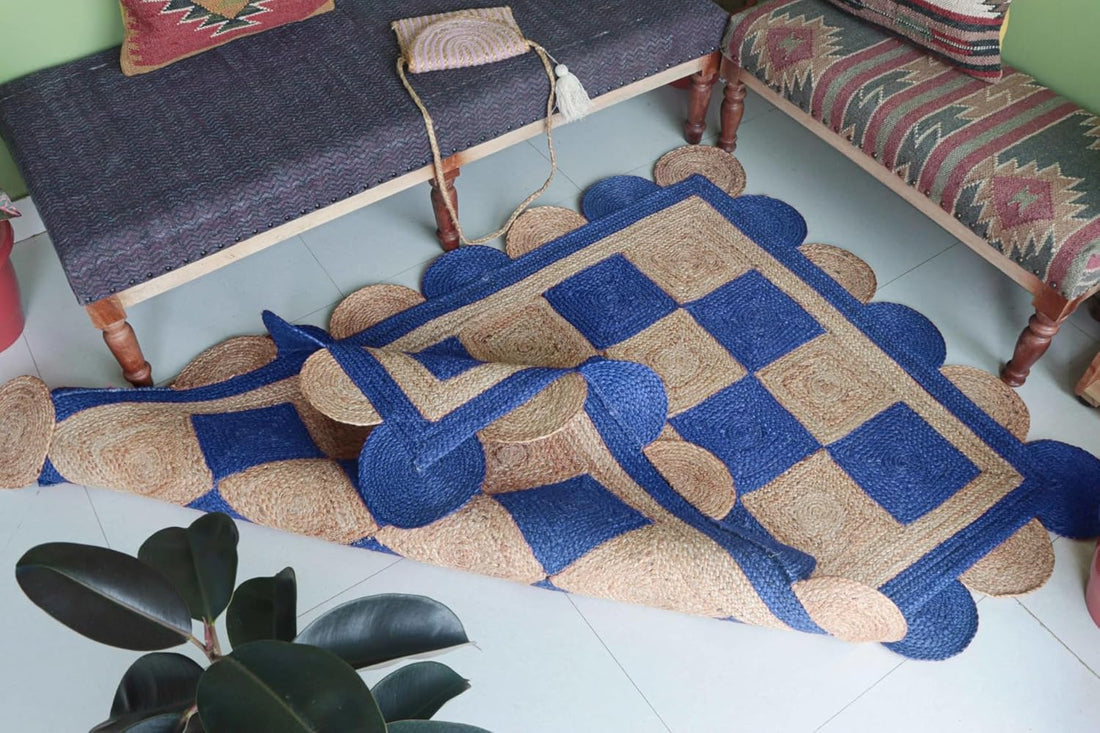 Handmade Jute Scalloped Area Rug – Bohemian Braided Rug for Home Décor, Custom Size Textured Rug