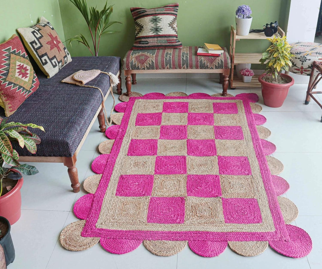 Handmade Jute Scalloped Area Rug – Bohemian Braided Rug for Home Décor, Custom Size Textured Rug
