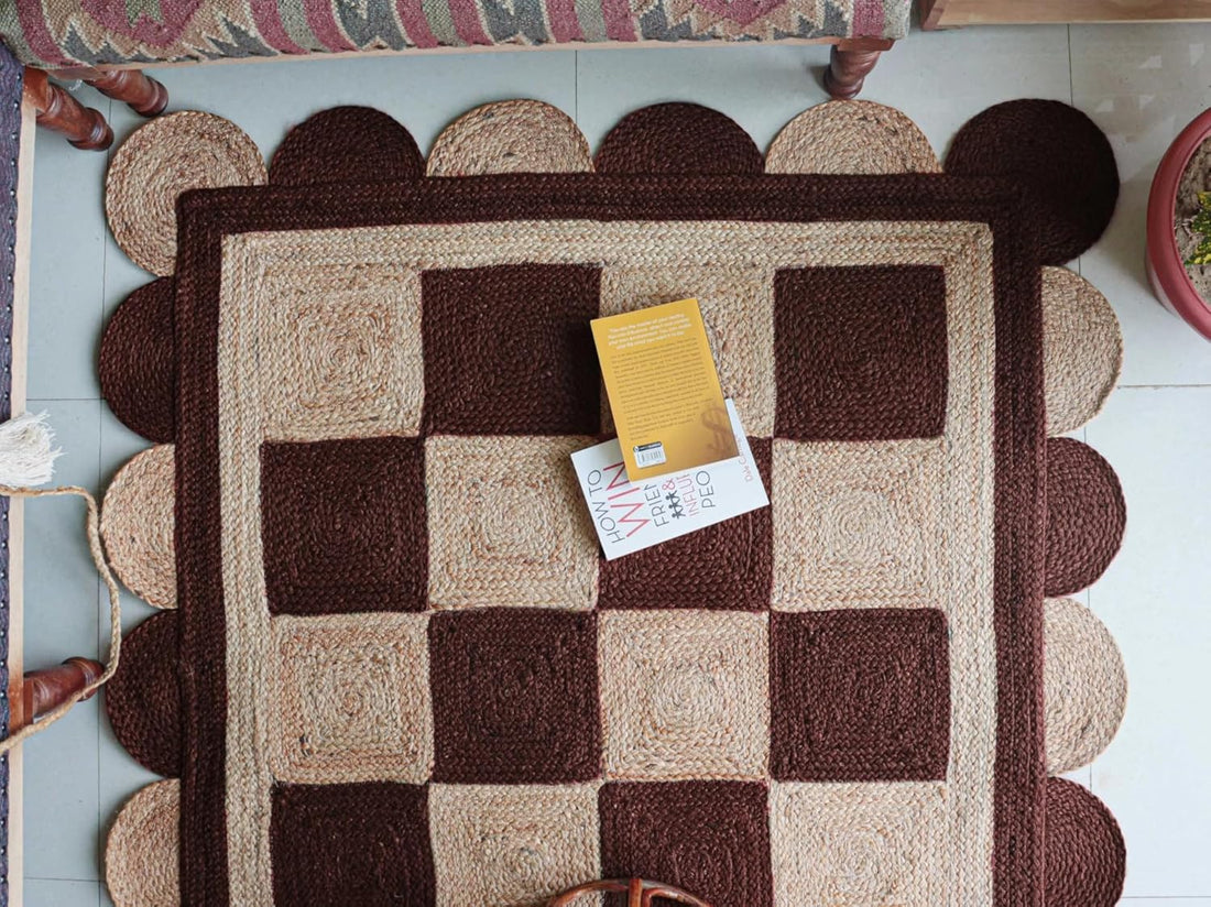Handmade Jute Scalloped Area Rug – Bohemian Braided Rug for Home Décor, Custom Size Textured Rug
