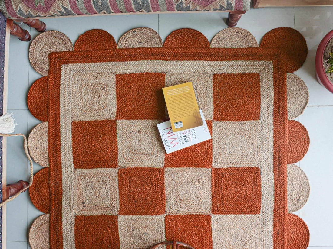 Handmade Jute Scalloped Area Rug – Bohemian Braided Rug for Home Décor, Custom Size Textured Rug