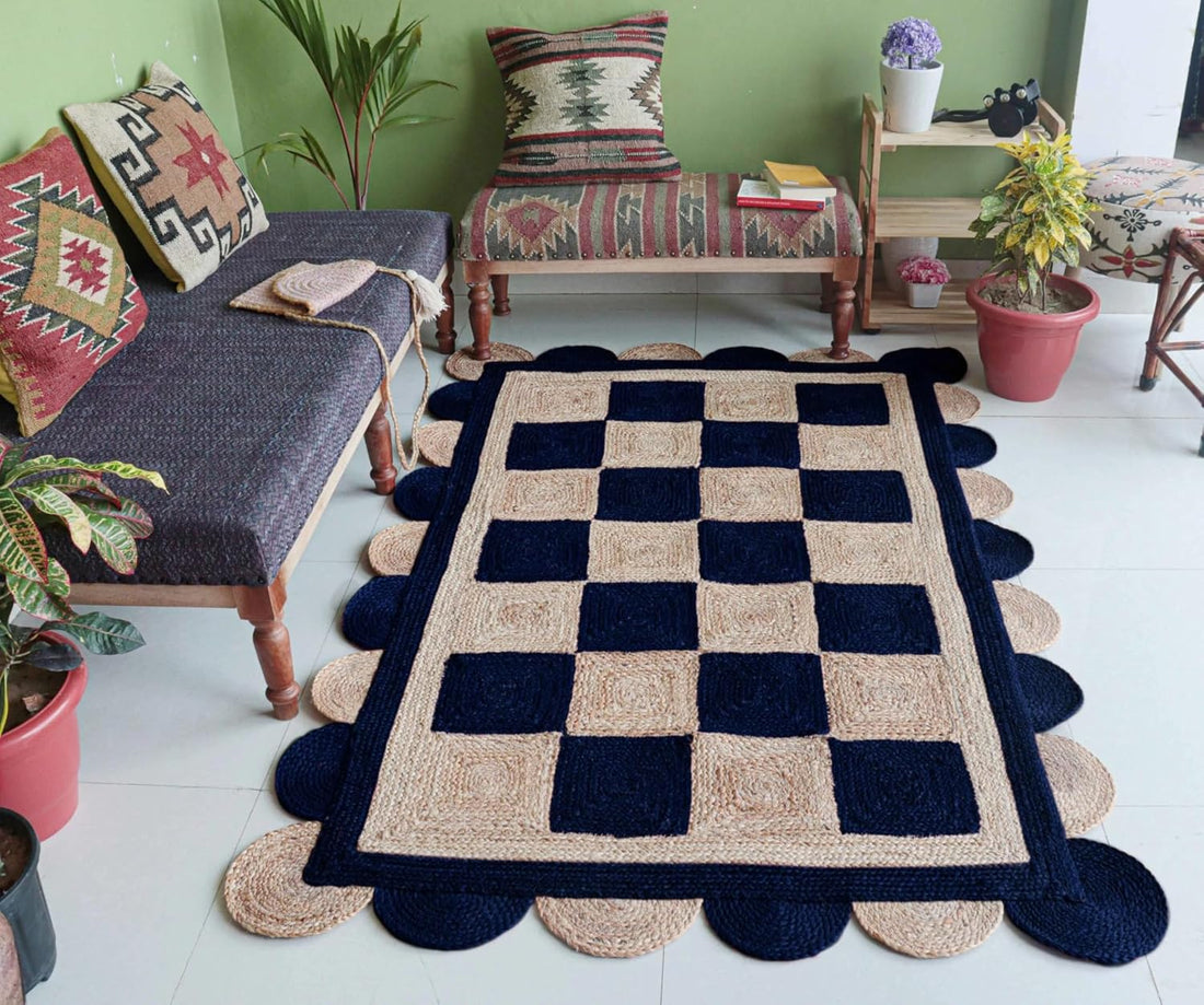 Handmade Jute Scalloped Area Rug – Bohemian Braided Rug for Home Décor, Custom Size Textured Rug