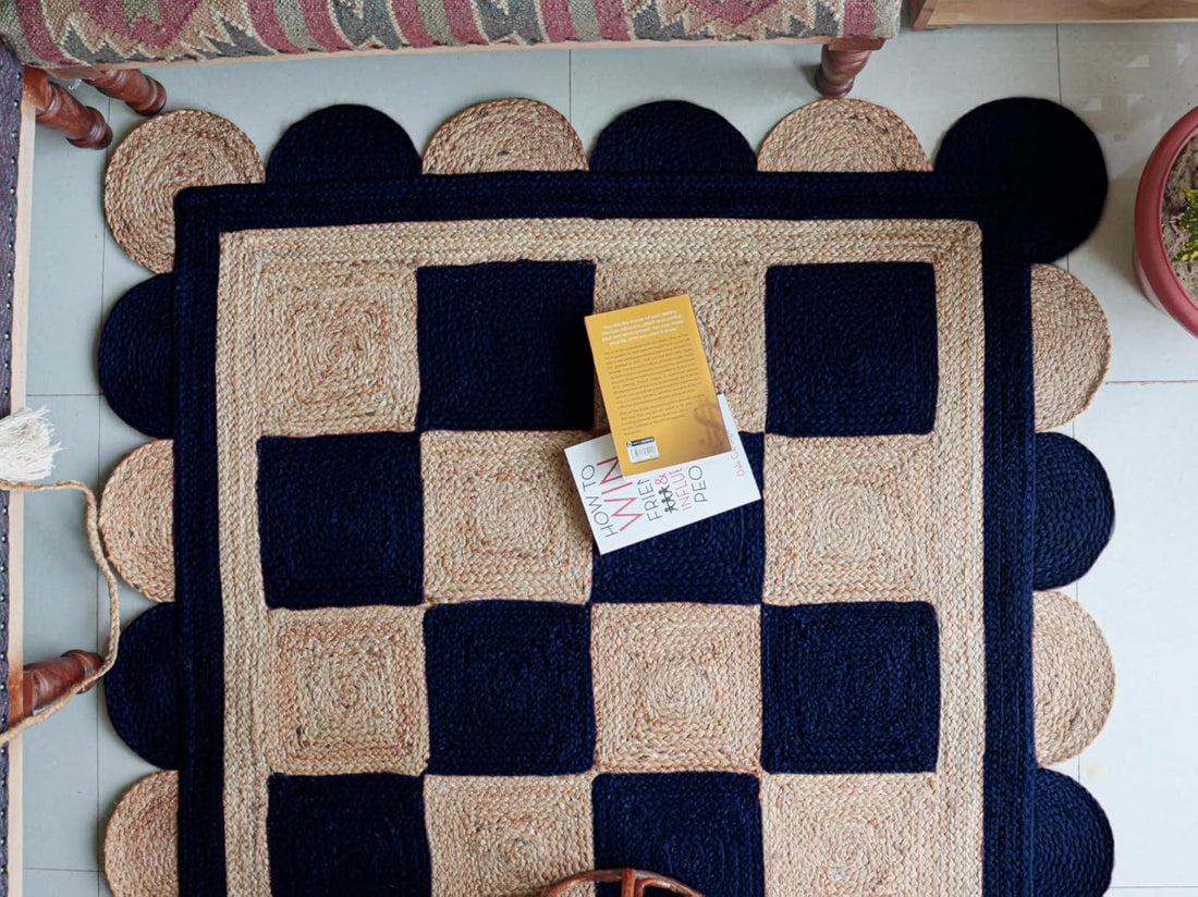 Handmade Jute Scalloped Area Rug – Bohemian Braided Rug for Home Décor, Custom Size Textured Rug