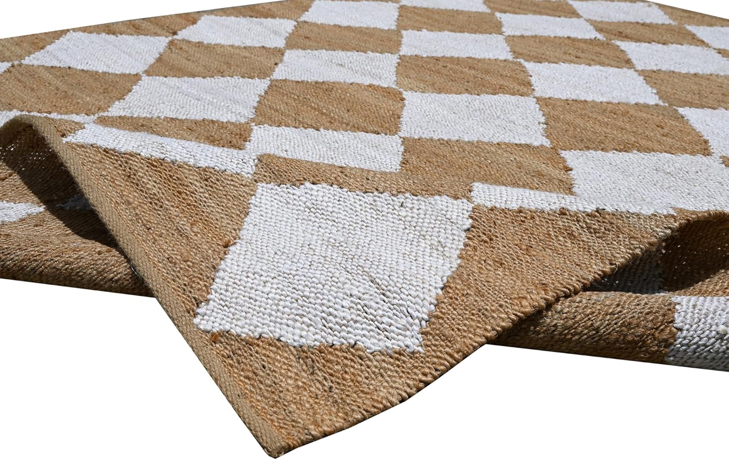 Handwoven Hemp Jute Rug – Natural & White Checkerboard