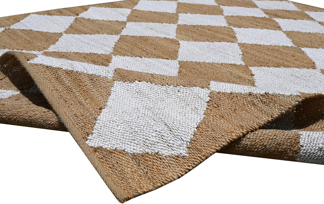 Handwoven Hemp Jute Rug – Natural & White Checkerboard