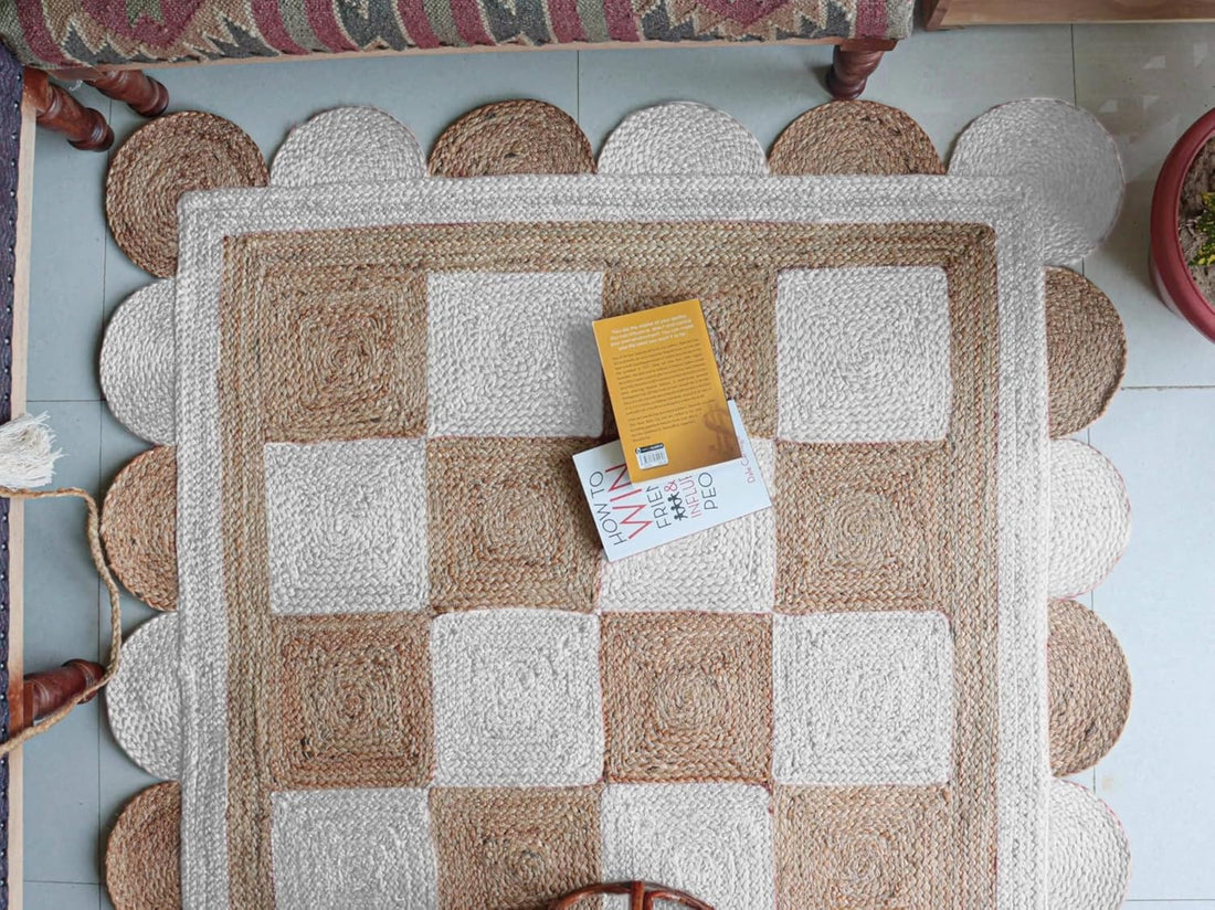 Handmade Jute Scalloped Area Rug – Bohemian Braided Rug for Home Décor, Custom Size Textured Rug
