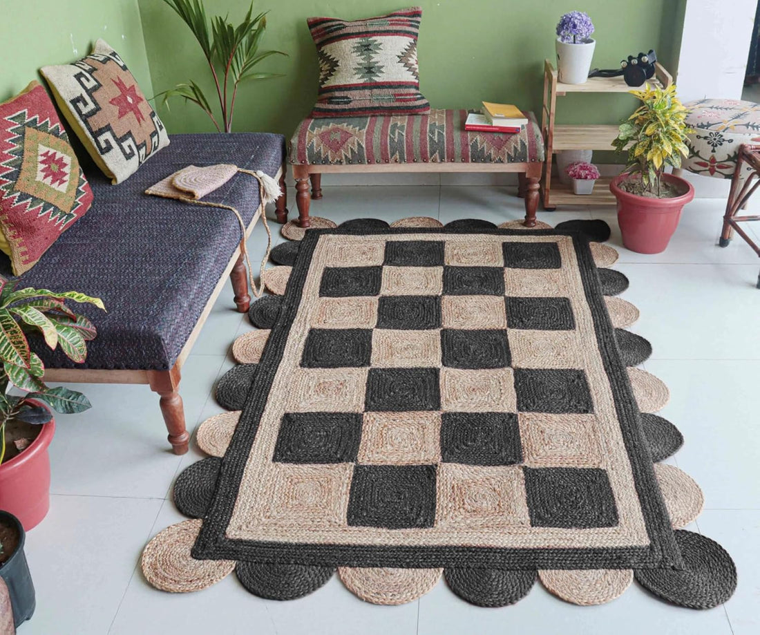 Handmade Jute Scalloped Area Rug – Bohemian Braided Rug for Home Décor, Custom Size Textured Rug