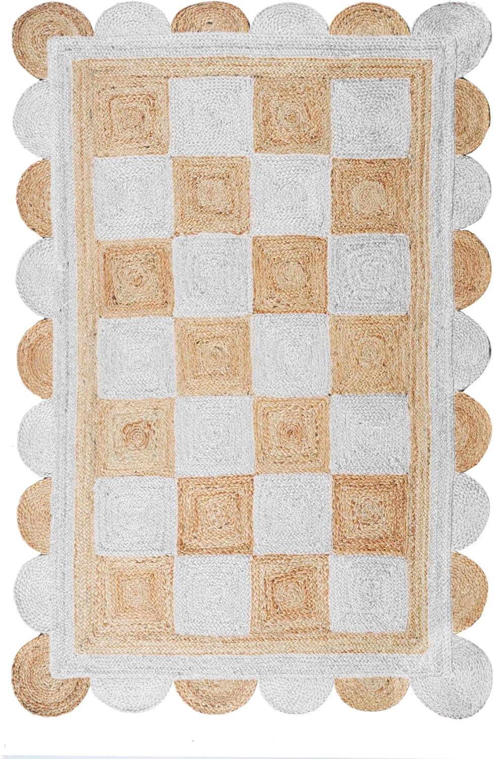 Handmade Jute Scalloped Area Rug – Bohemian Braided Rug for Home Décor, Custom Size Textured Rug