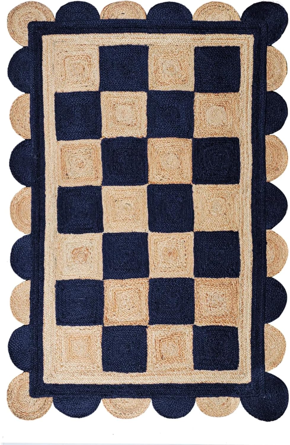 Handmade Jute Scalloped Area Rug – Bohemian Braided Rug for Home Décor, Custom Size Textured Rug