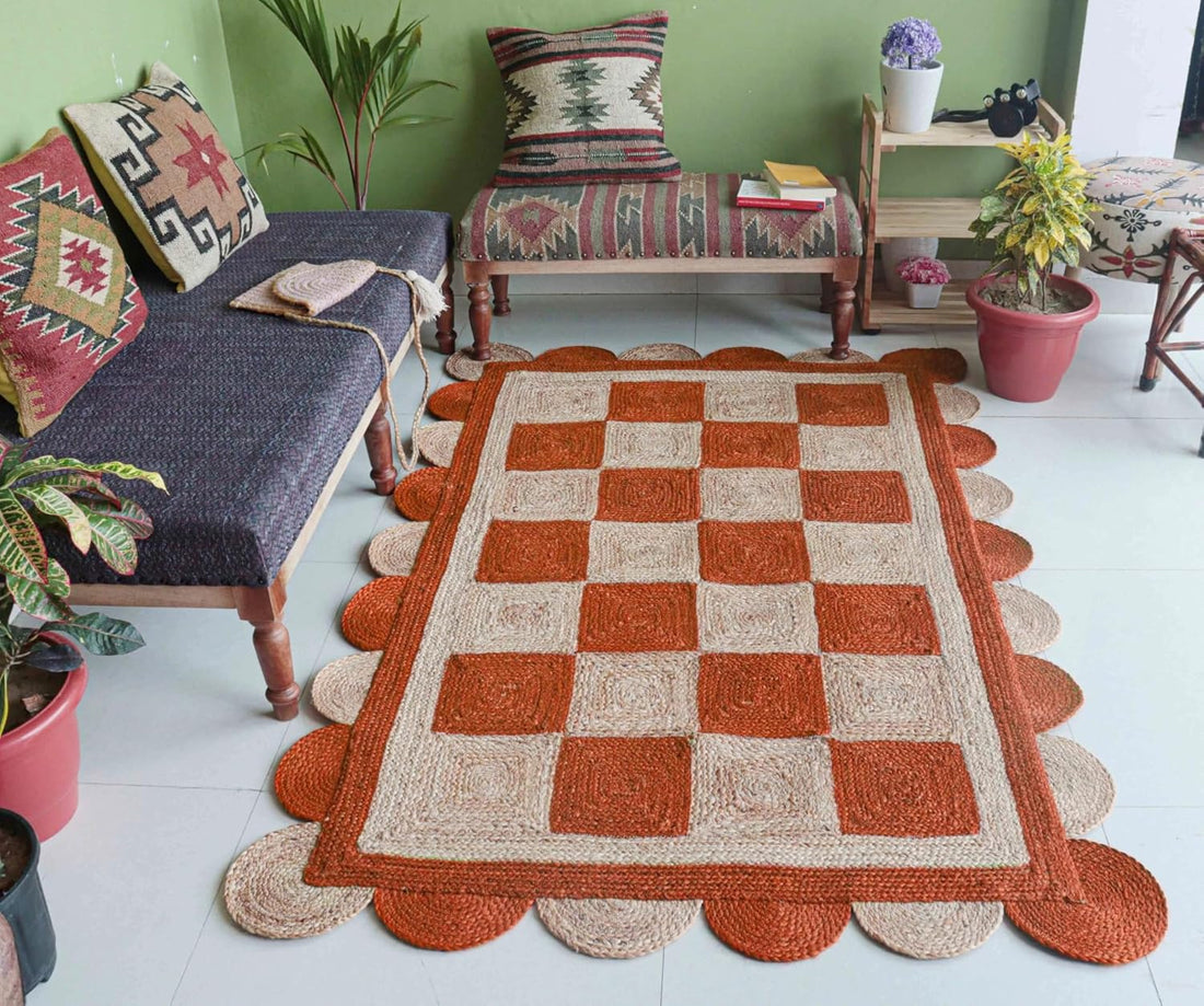 Handmade Jute Scalloped Area Rug – Bohemian Braided Rug for Home Décor, Custom Size Textured Rug