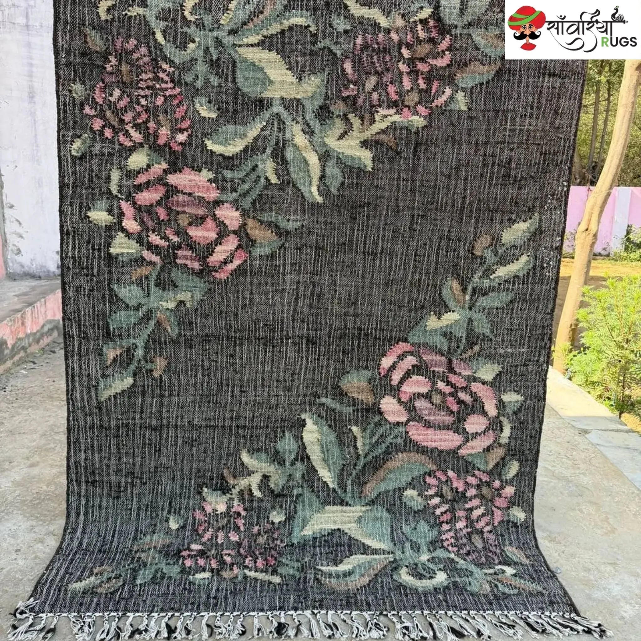 Handwoven Charcoal Black Pink Rose Jute Cotton Rug