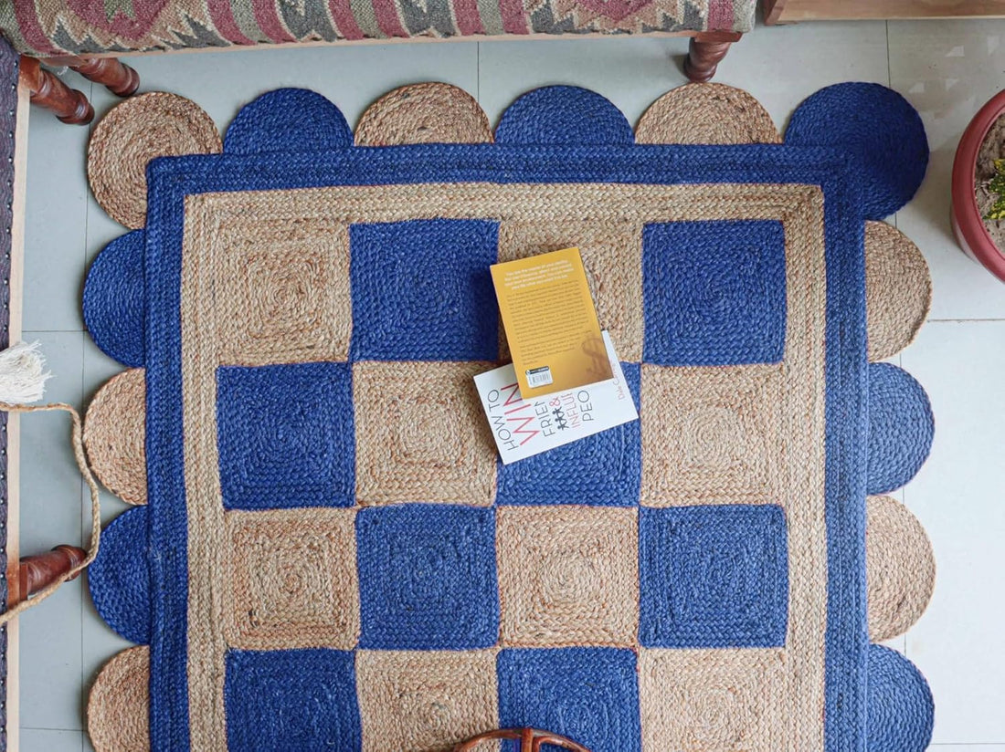 Handmade Jute Scalloped Area Rug – Bohemian Braided Rug for Home Décor, Custom Size Textured Rug