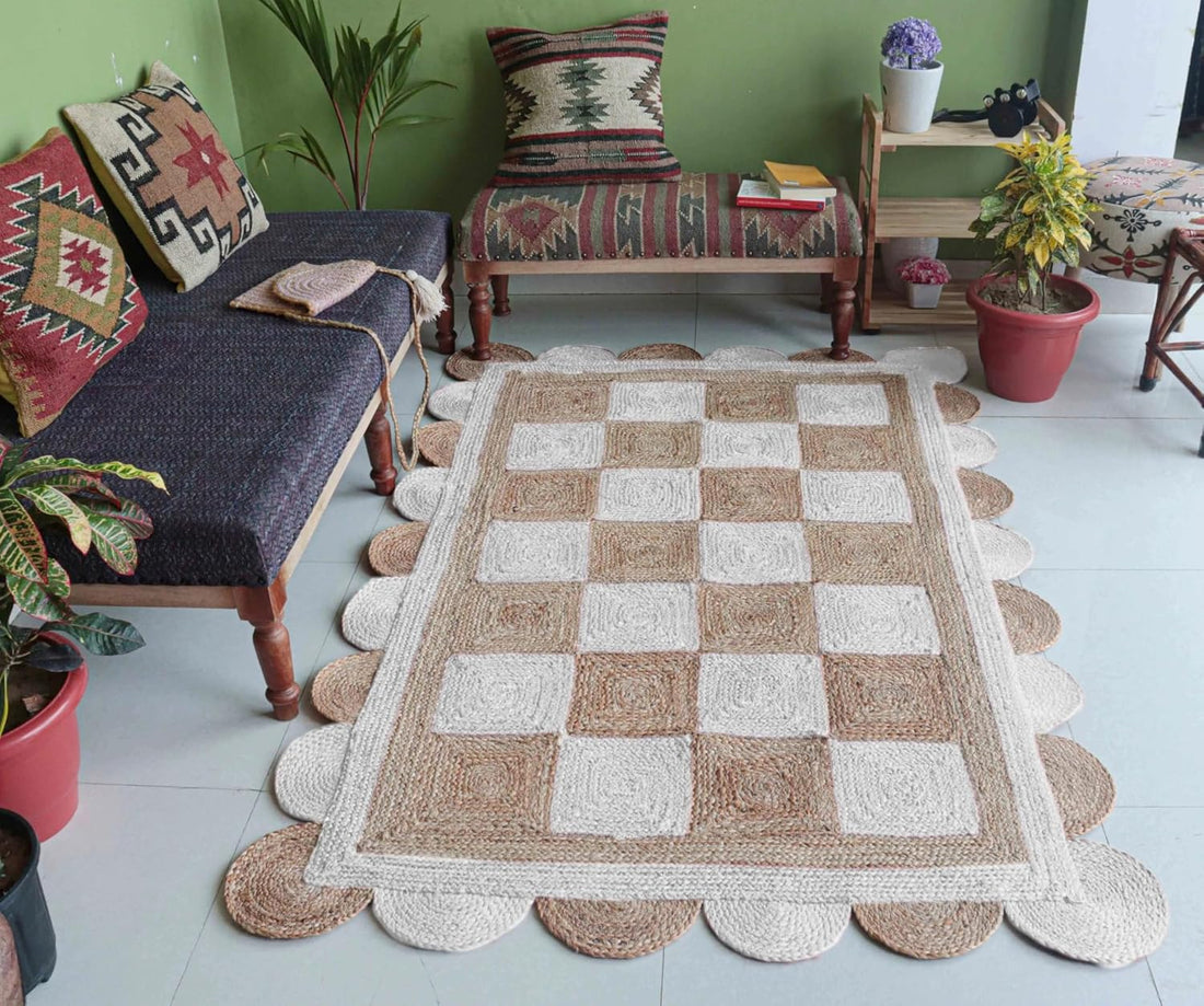 Handmade Jute Scalloped Area Rug – Bohemian Braided Rug for Home Décor, Custom Size Textured Rug