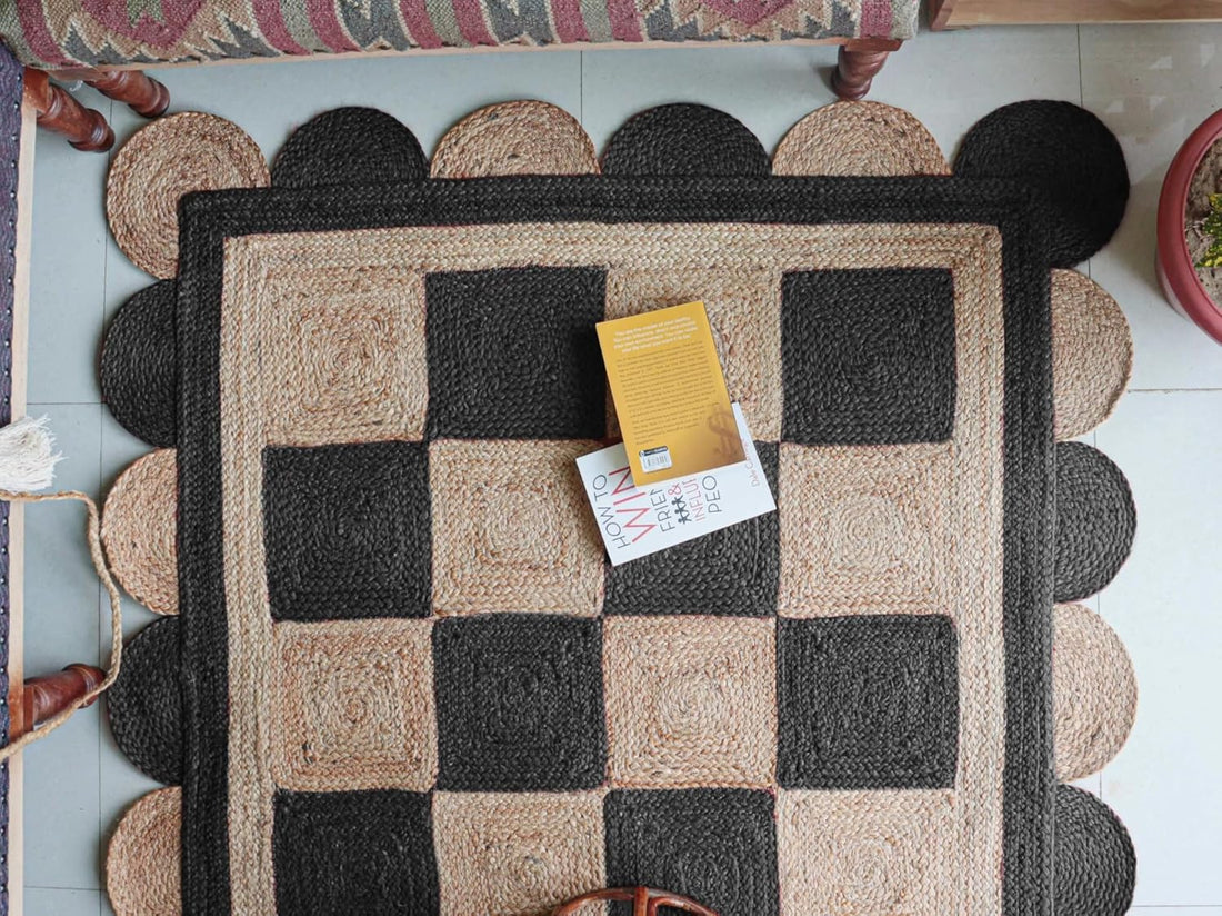 Handmade Jute Scalloped Area Rug – Bohemian Braided Rug for Home Décor, Custom Size Textured Rug