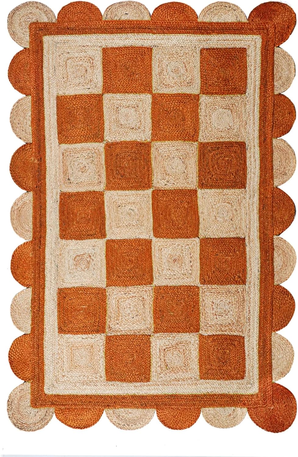 Handmade Jute Scalloped Area Rug – Bohemian Braided Rug for Home Décor, Custom Size Textured Rug