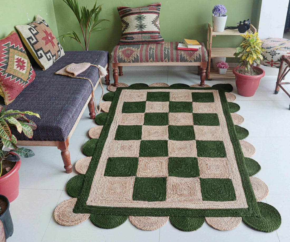 Handmade Jute Scalloped Area Rug – Bohemian Braided Rug for Home Décor, Custom Size Textured Rug