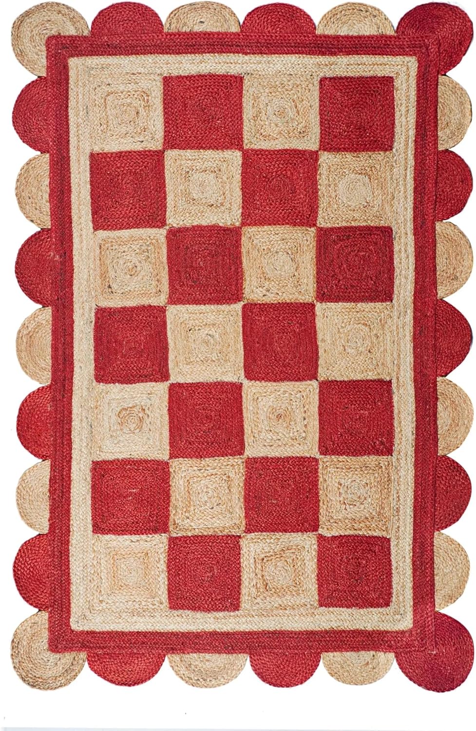 Handmade Jute Scalloped Area Rug – Bohemian Braided Rug for Home Décor, Custom Size Textured Rug