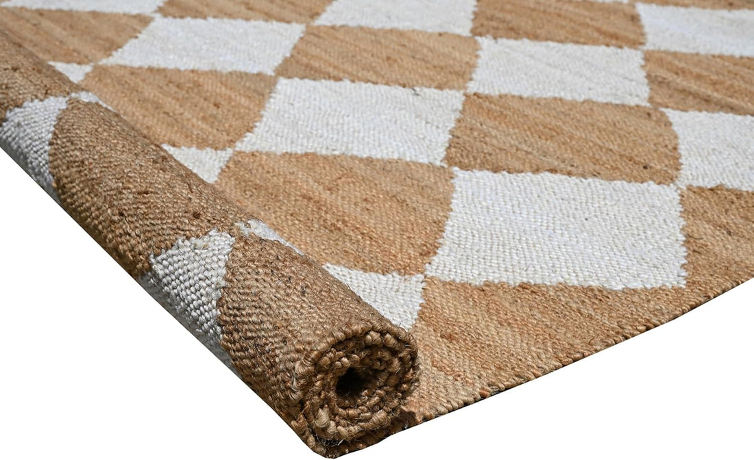 Handwoven Hemp Jute Rug – Natural & White Checkerboard