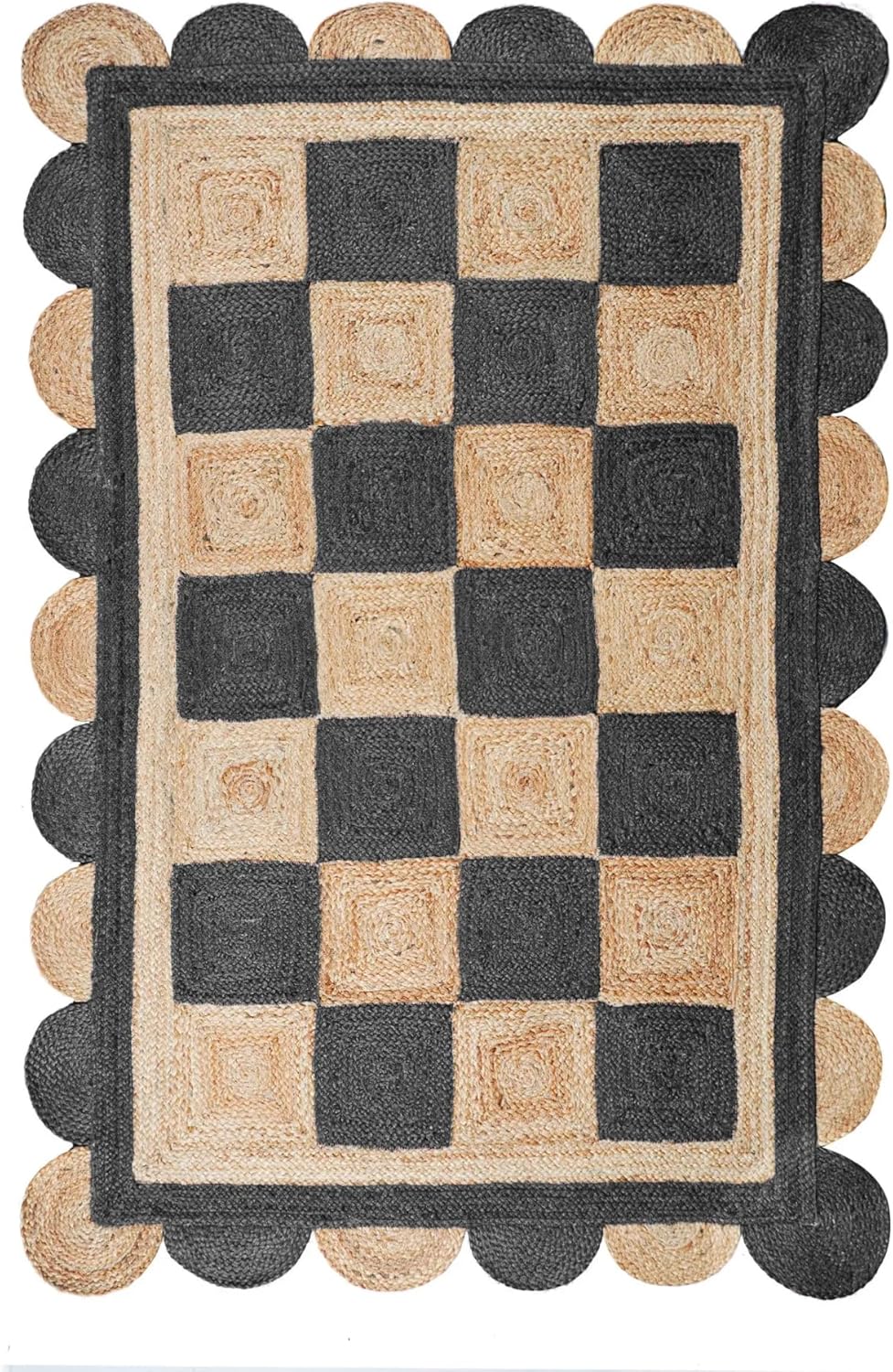 Handmade Jute Scalloped Area Rug – Bohemian Braided Rug for Home Décor, Custom Size Textured Rug