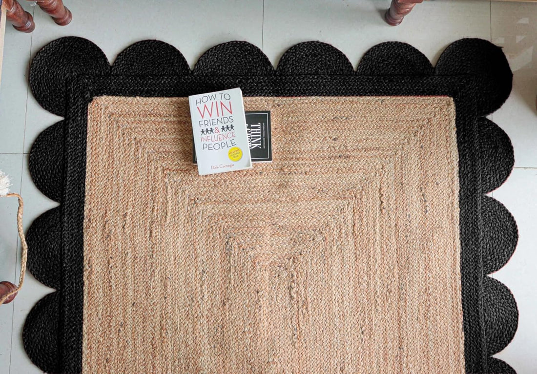 Indian Handmade Jute Braided Rectangle Rug with Custom Color Scalloped Border – Bohemian Home Décor