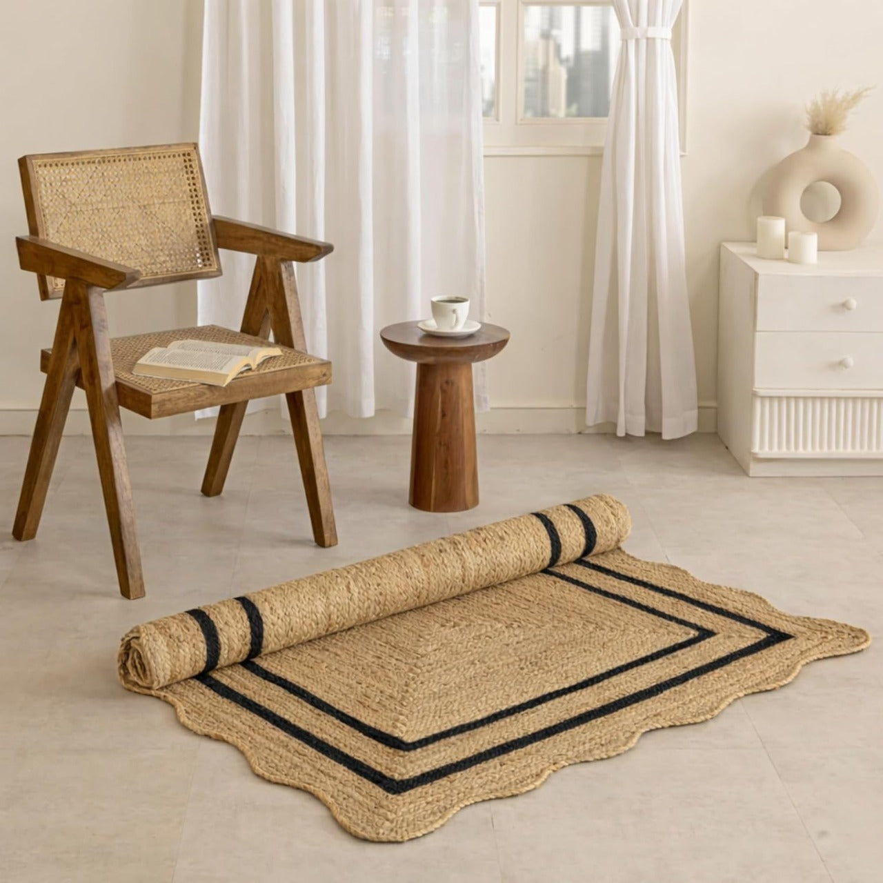 Natural Jute Wave Scalloped Area Rug – Handmade Braided Jute Rug