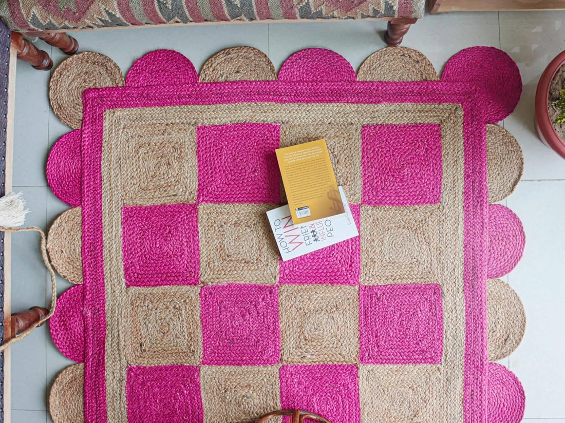 Handmade Jute Scalloped Area Rug – Bohemian Braided Rug for Home Décor, Custom Size Textured Rug