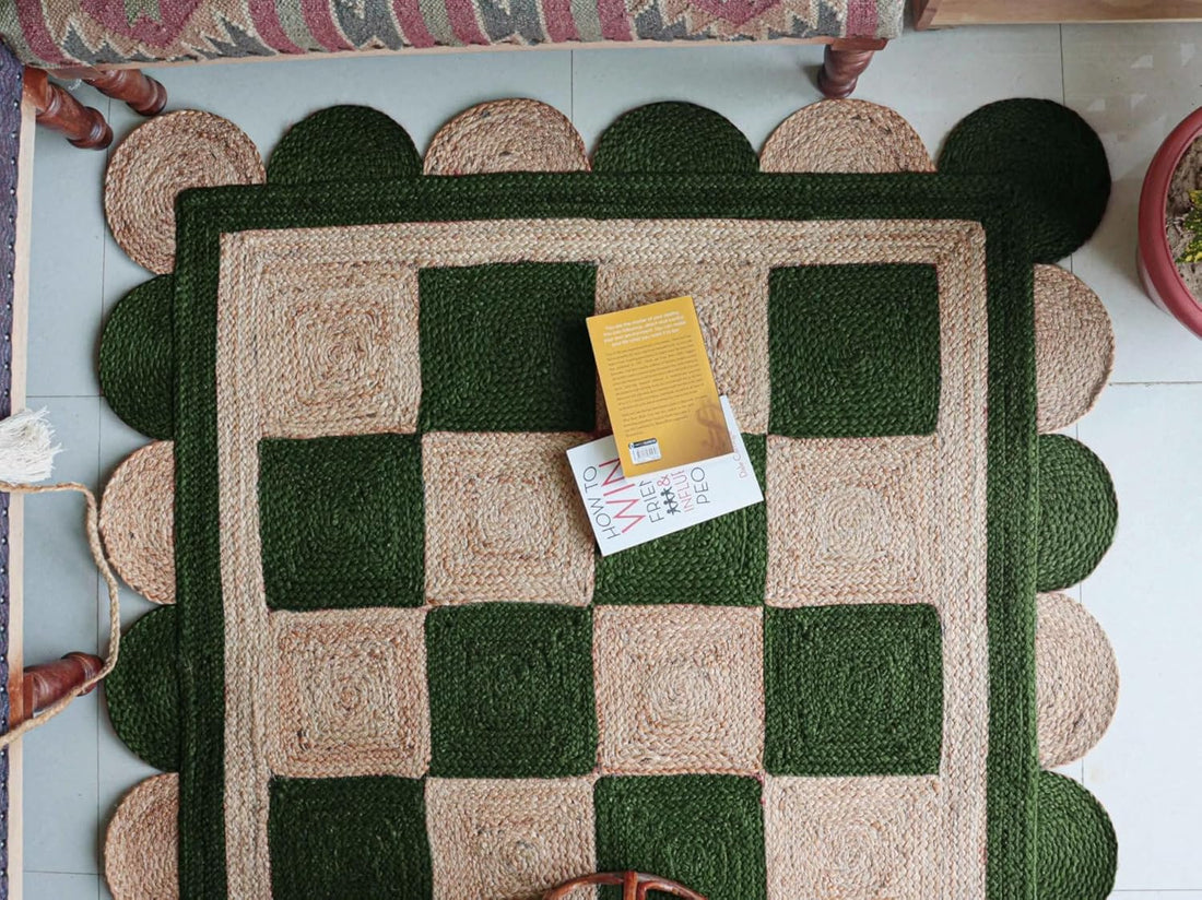 Handmade Jute Scalloped Area Rug – Bohemian Braided Rug for Home Décor, Custom Size Textured Rug