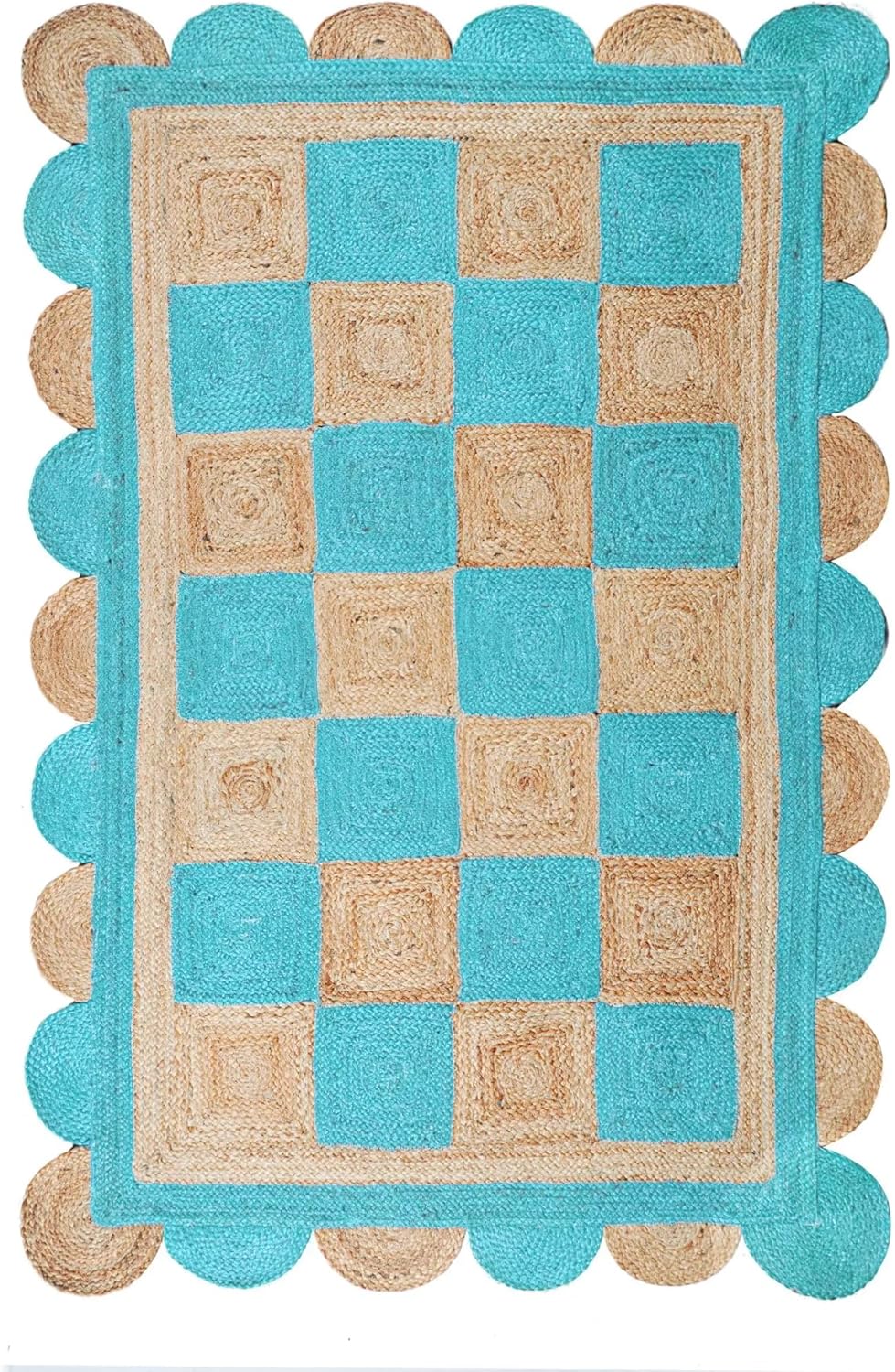 Handmade Jute Scalloped Area Rug – Bohemian Braided Rug for Home Décor, Custom Size Textured Rug