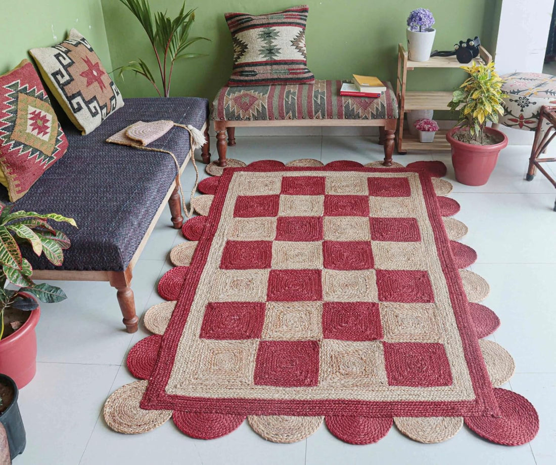 Handmade Jute Scalloped Area Rug – Bohemian Braided Rug for Home Décor, Custom Size Textured Rug