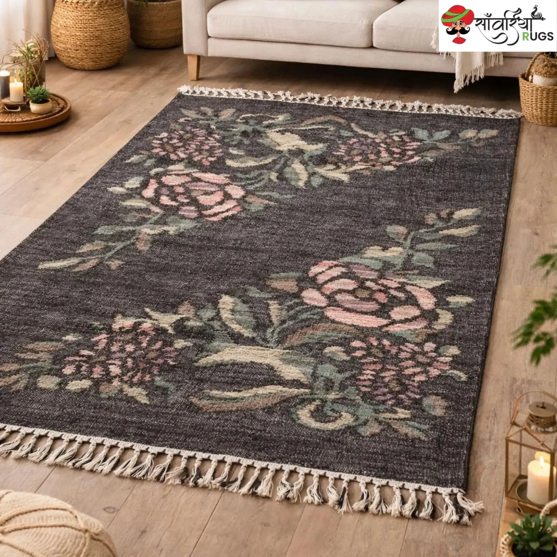 Handwoven Charcoal Black Pink Rose Jute Cotton Rug
