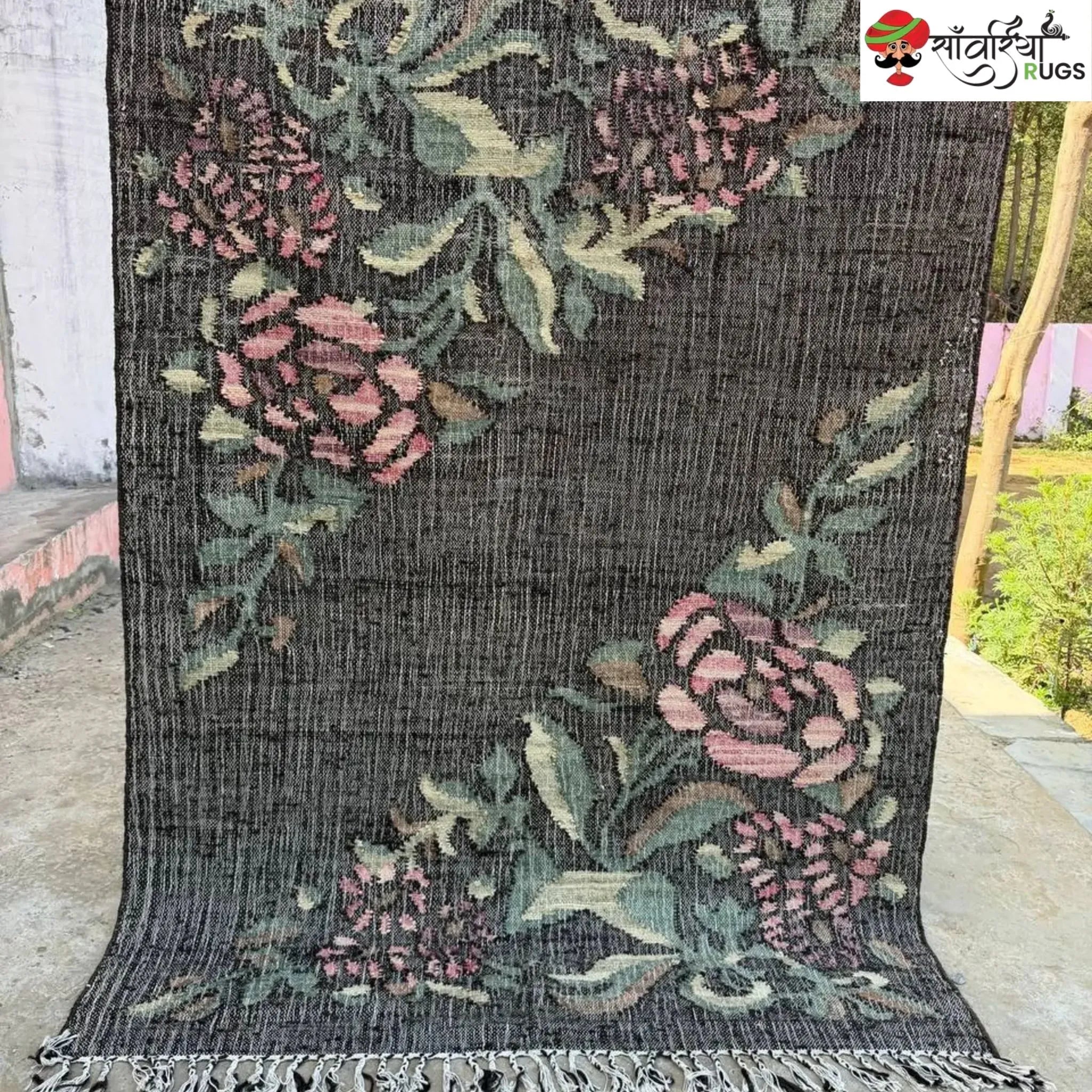 Handwoven Charcoal Black Pink Rose Jute Cotton Rug