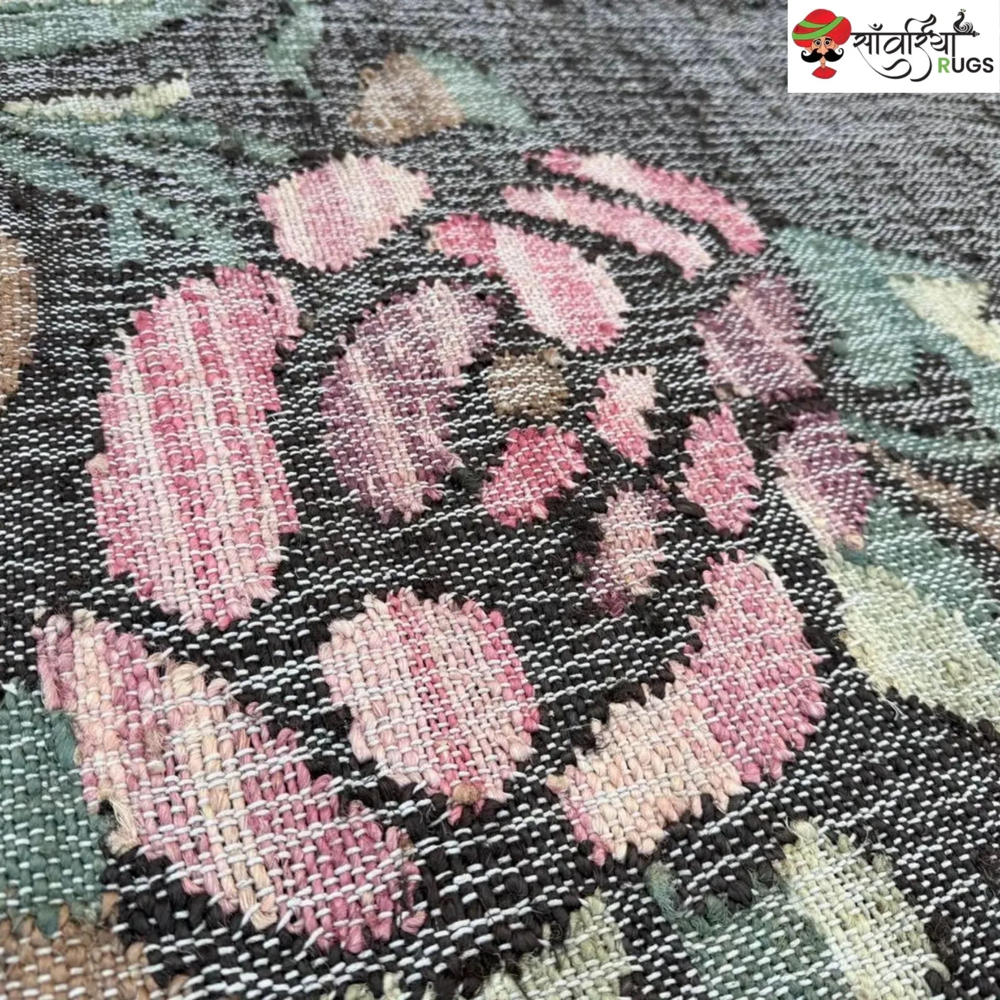 Handwoven Charcoal Black Pink Rose Jute Cotton Rug