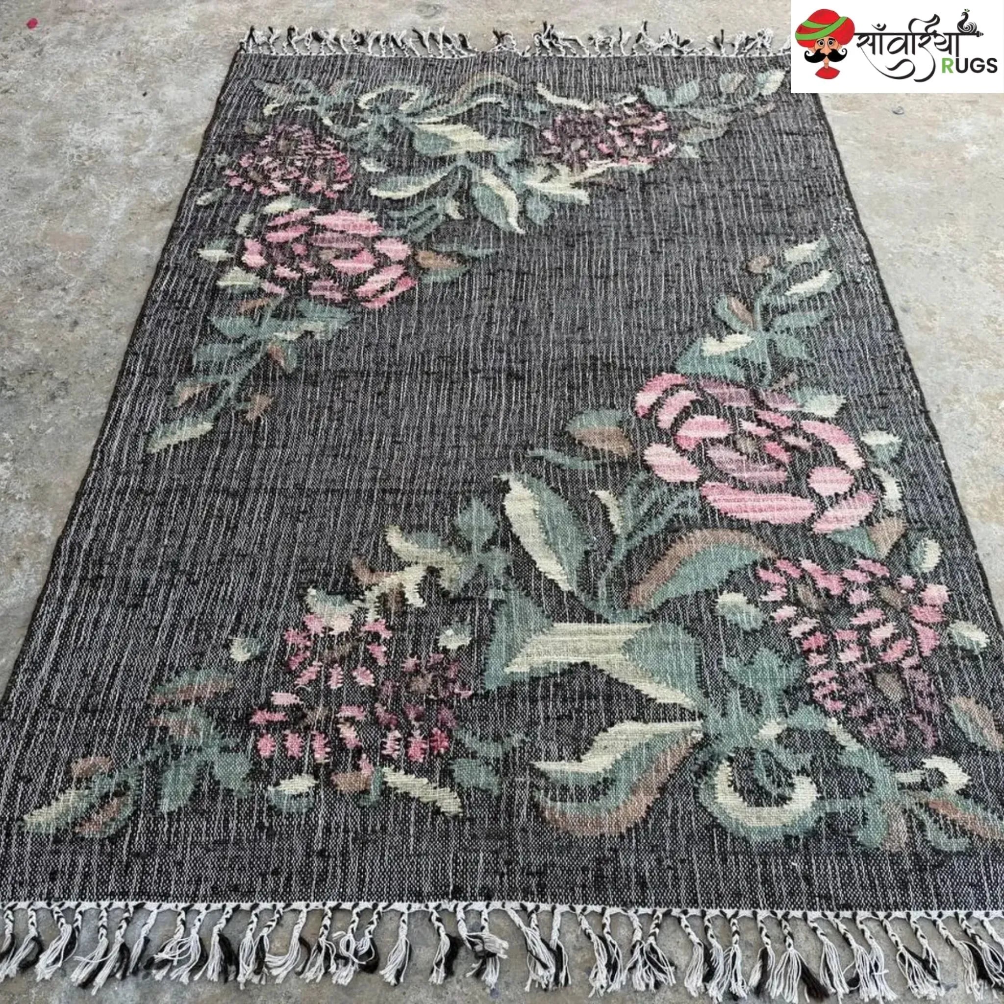 Handwoven Charcoal Black Pink Rose Jute Cotton Rug