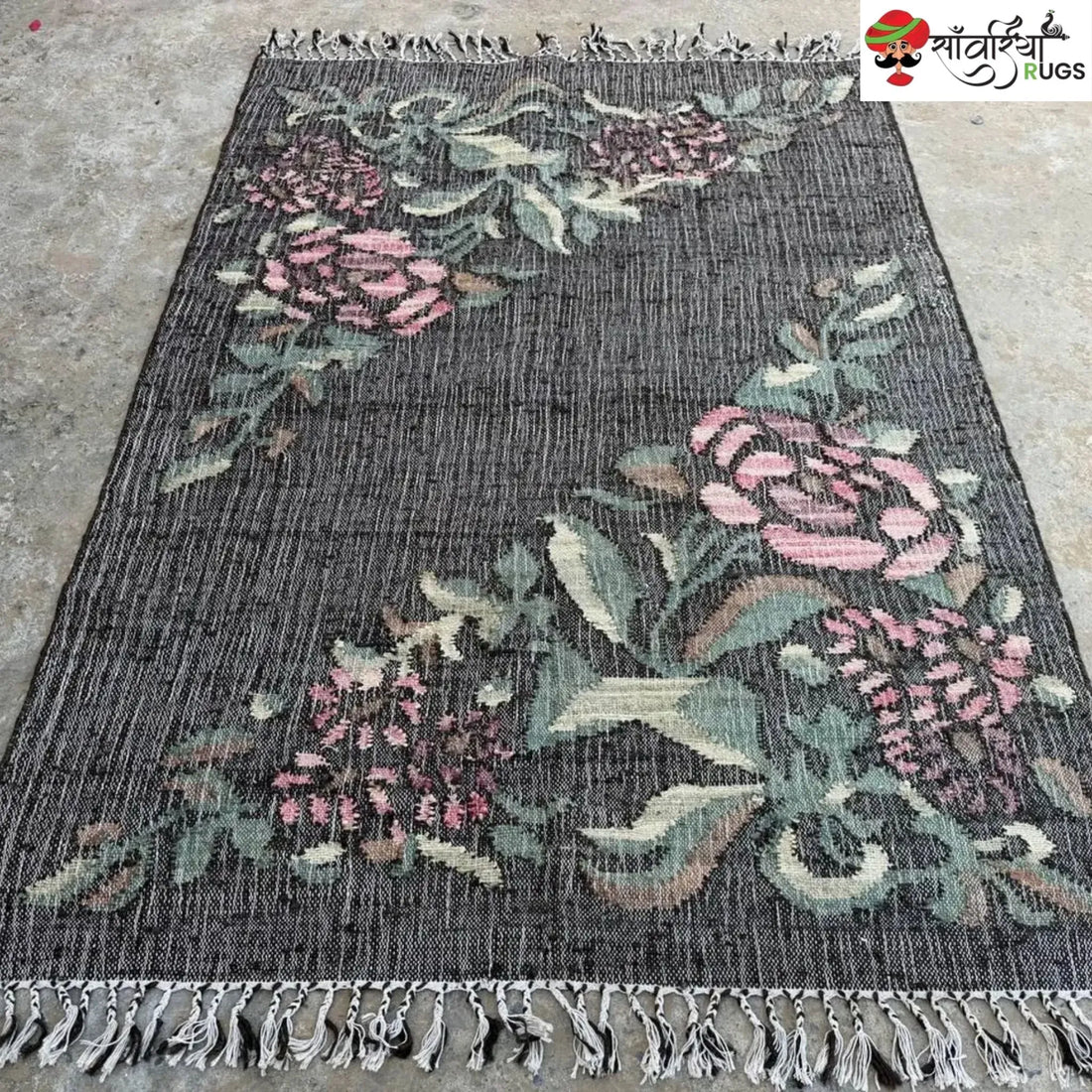 Handwoven Charcoal Black Pink Rose Jute Cotton Rug