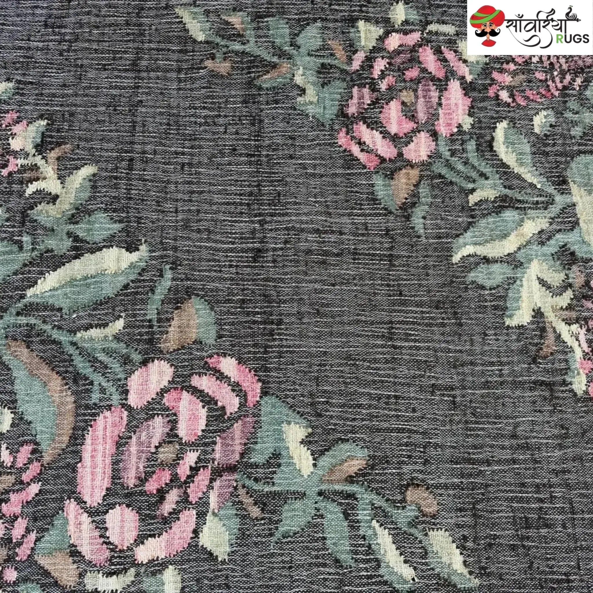 Handwoven Charcoal Black Pink Rose Jute Cotton Rug