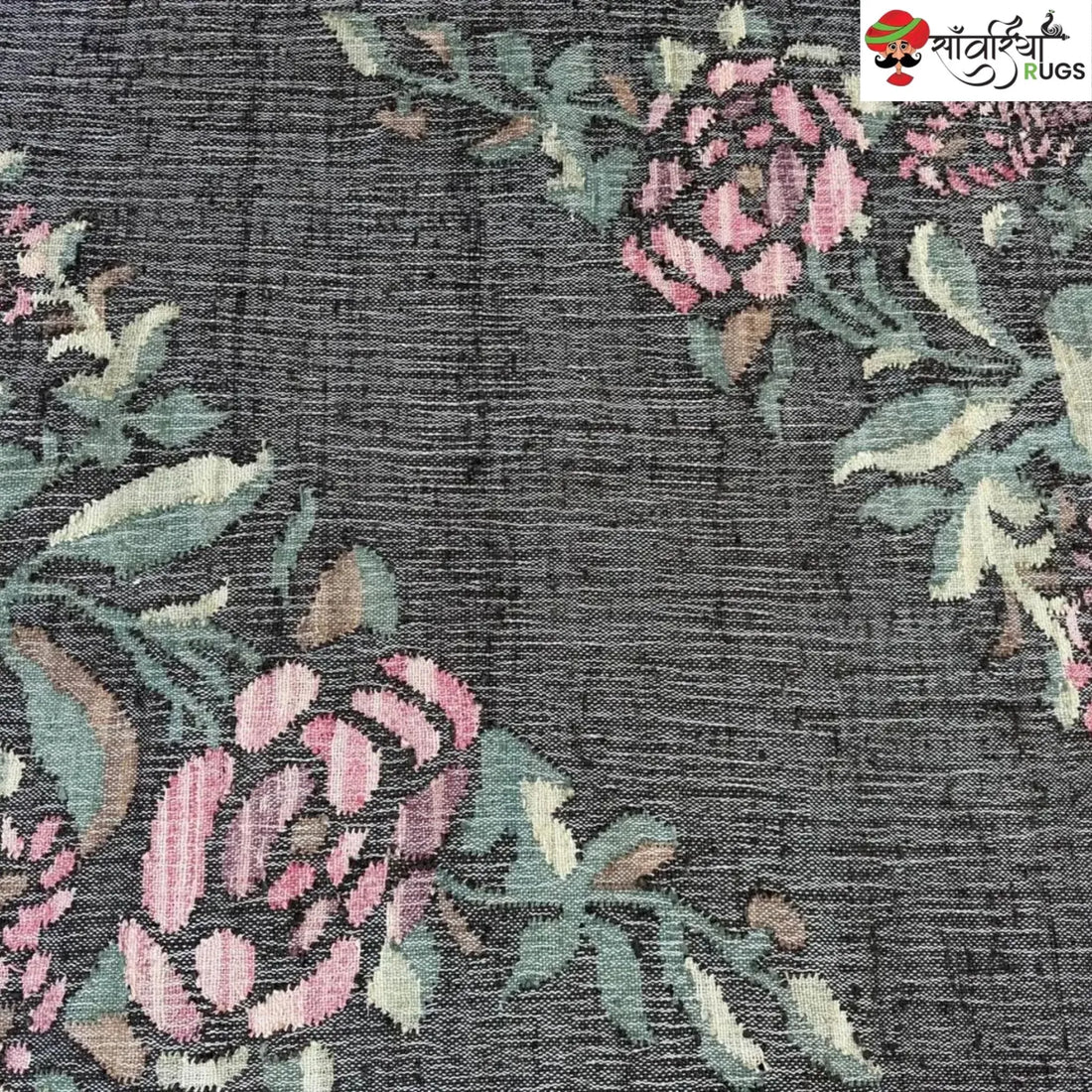 Handwoven Charcoal Black Pink Rose Jute Cotton Rug