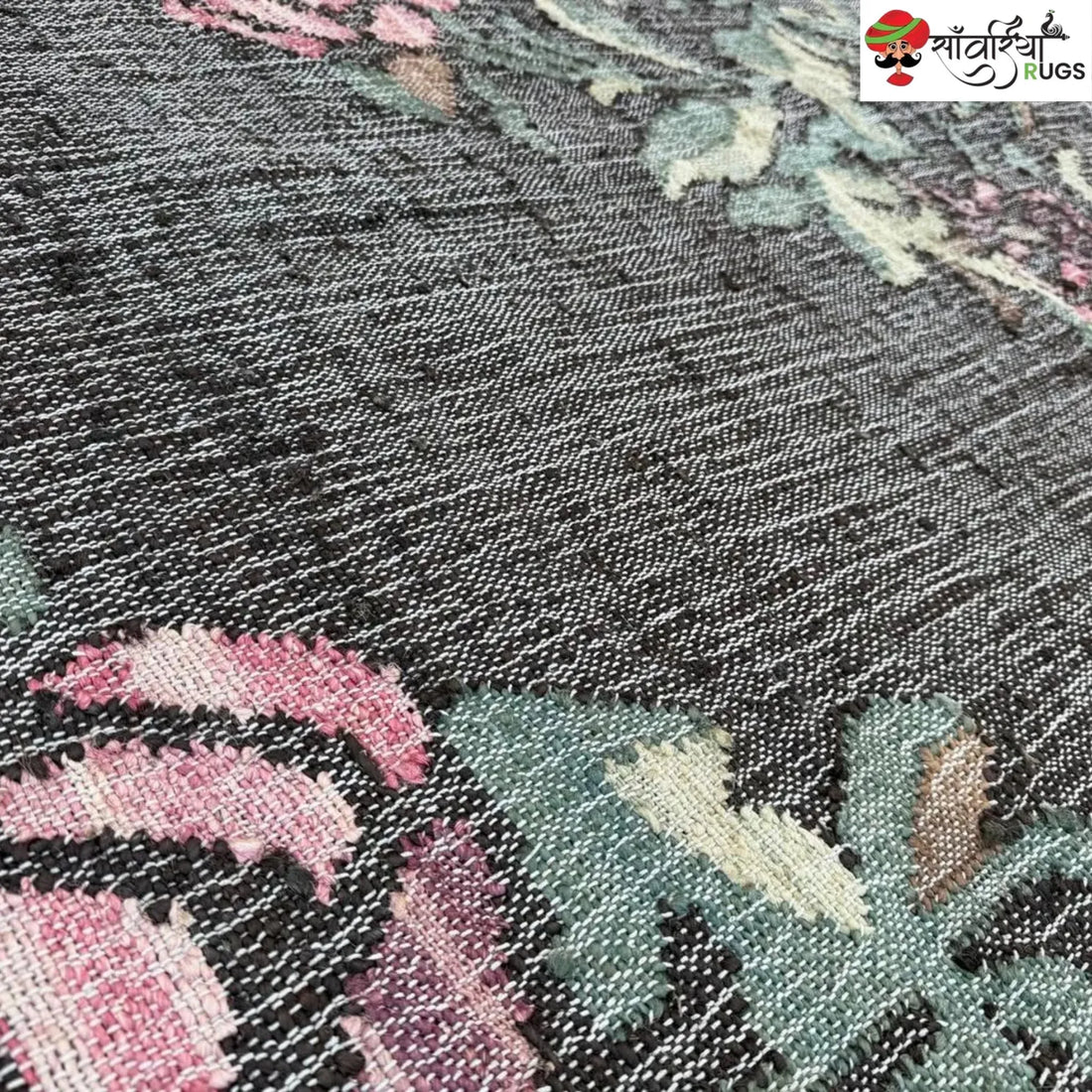 Handwoven Charcoal Black Pink Rose Jute Cotton Rug