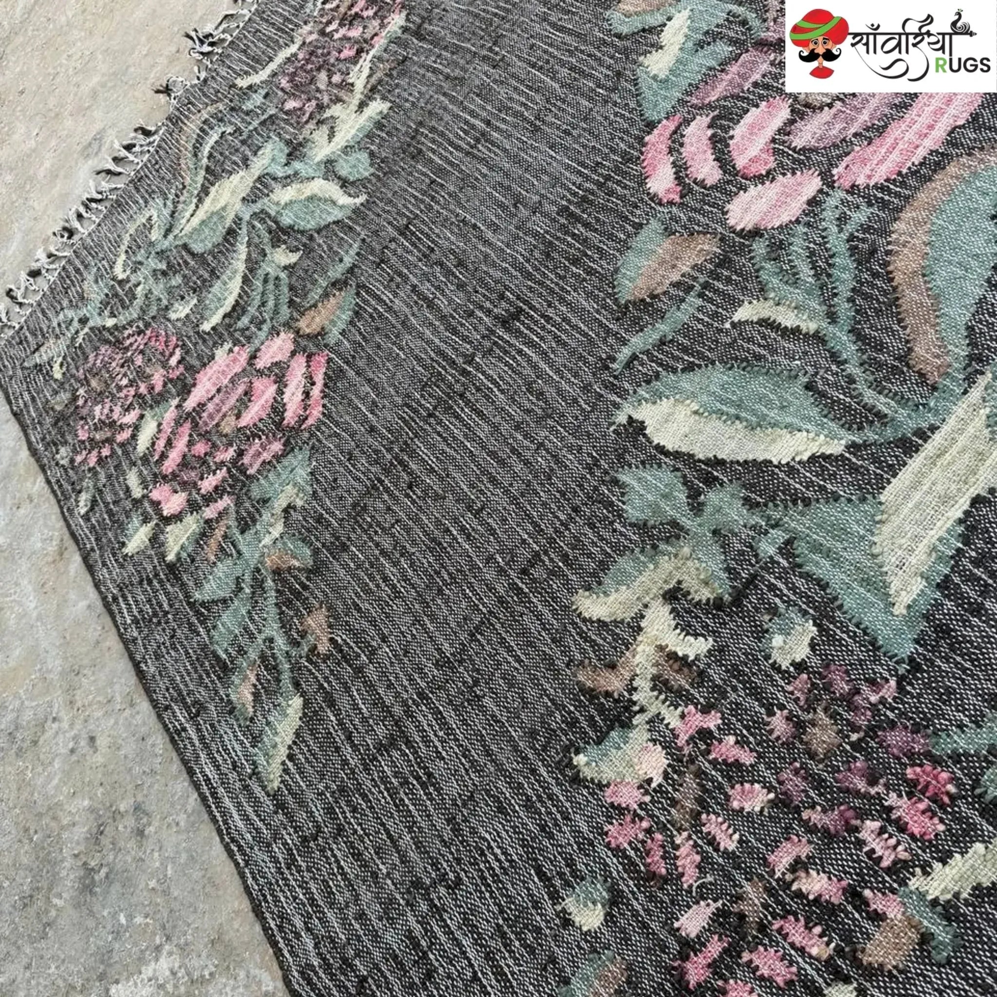 Handwoven Charcoal Black Pink Rose Jute Cotton Rug