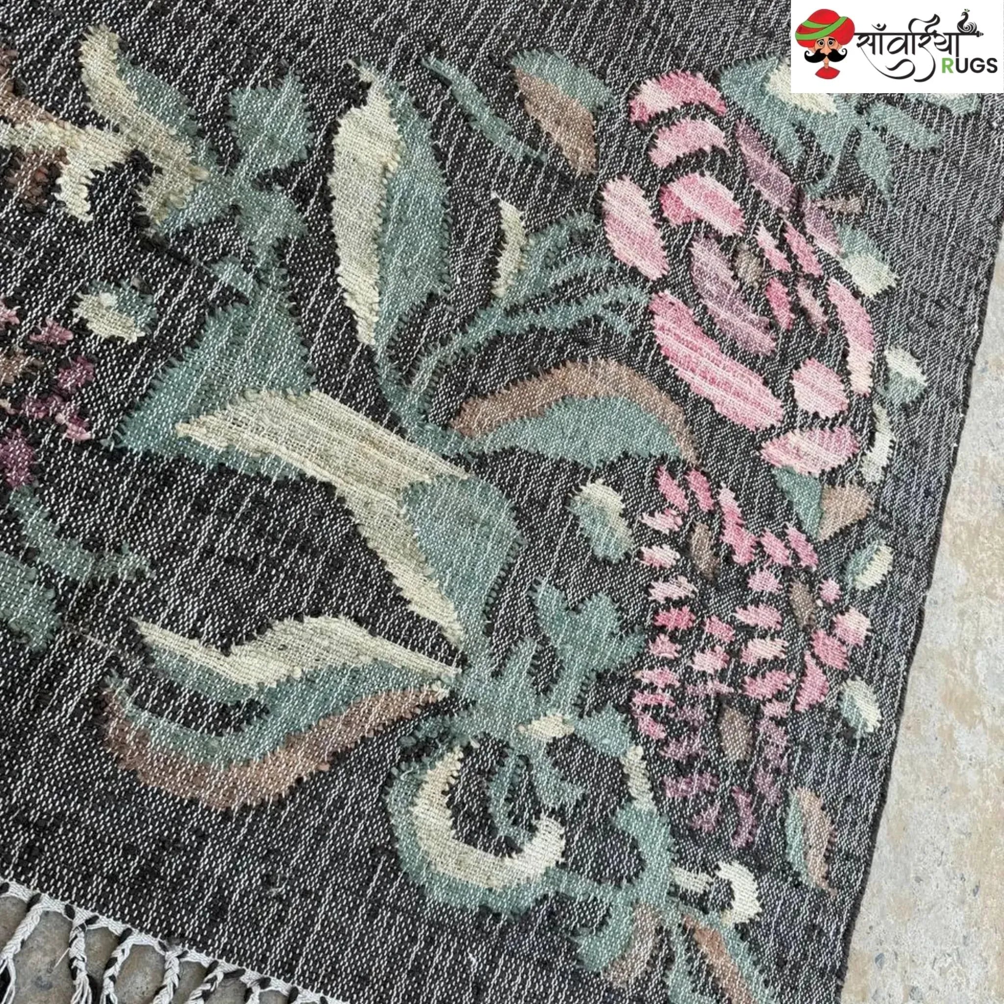 Handwoven Charcoal Black Pink Rose Jute Cotton Rug