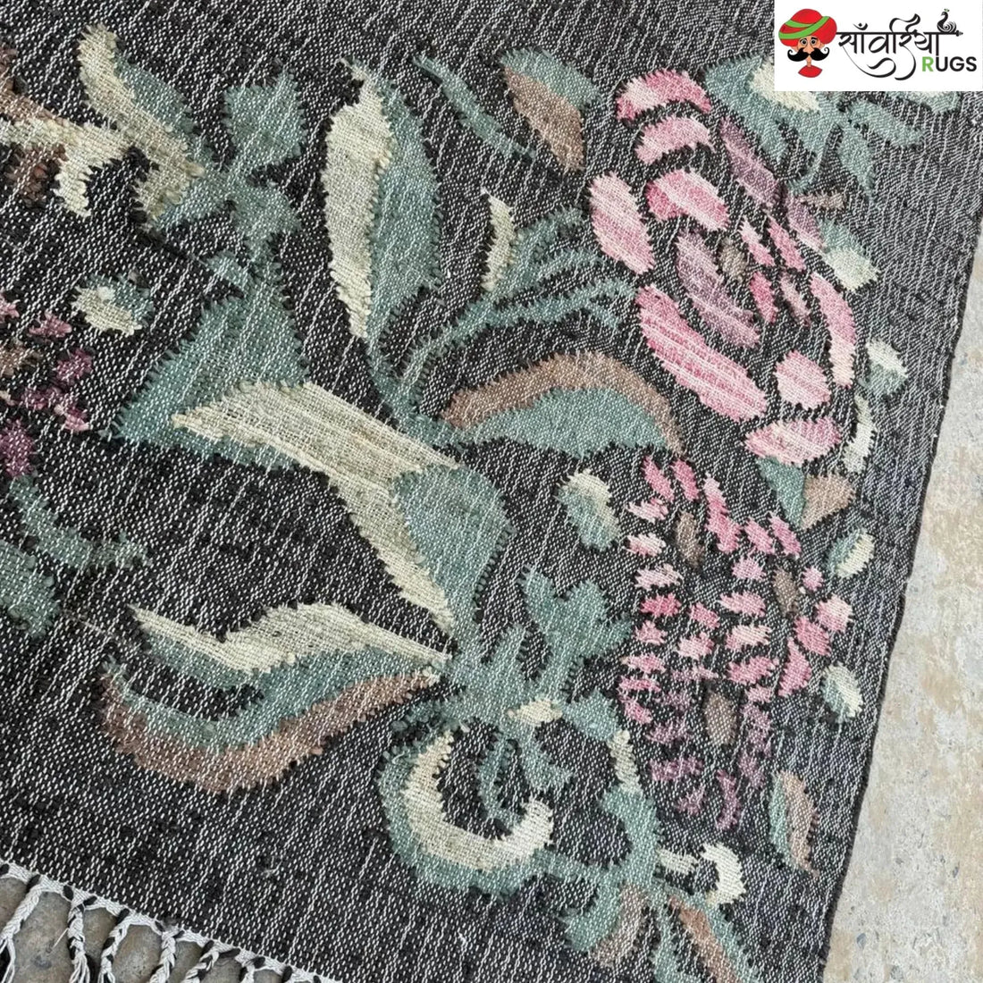 Handwoven Charcoal Black Pink Rose Jute Cotton Rug