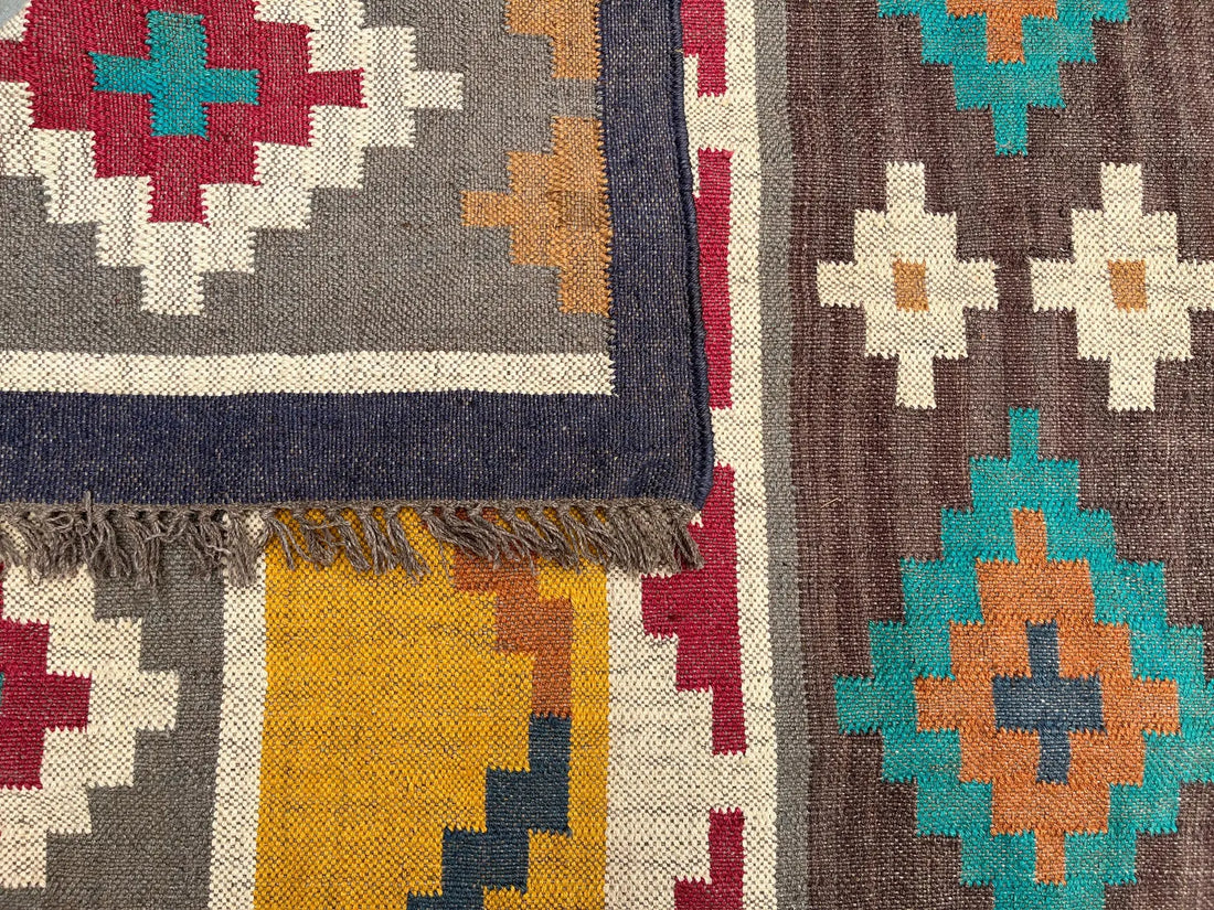 Handwoven Wool & Jute Kilim Rug – Traditional Indian Dhurrie Carpet