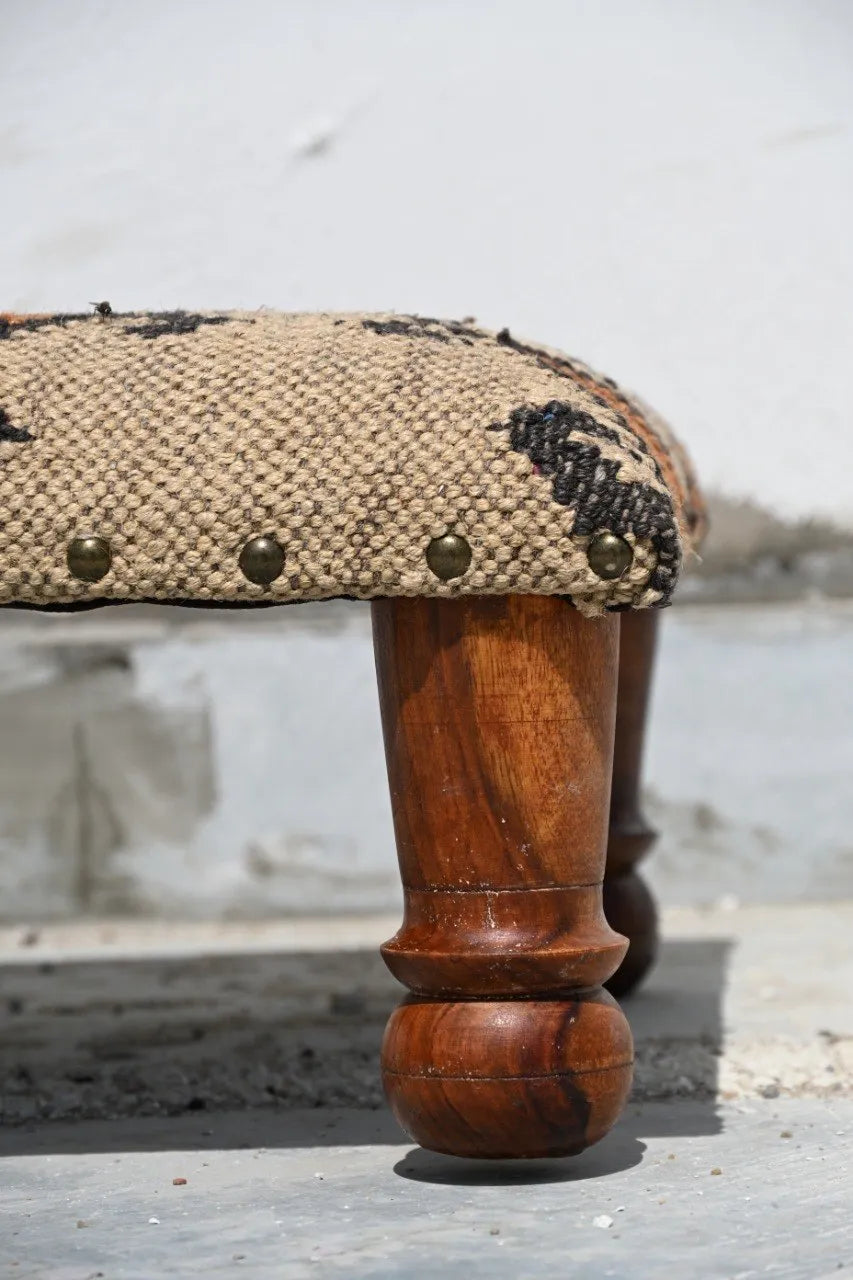 Handmade Southwestern Kilim Ottoman Footstool | Wool Jute Upholstered Tribal Accent Stool with Solid Wooden Legs for Living Room