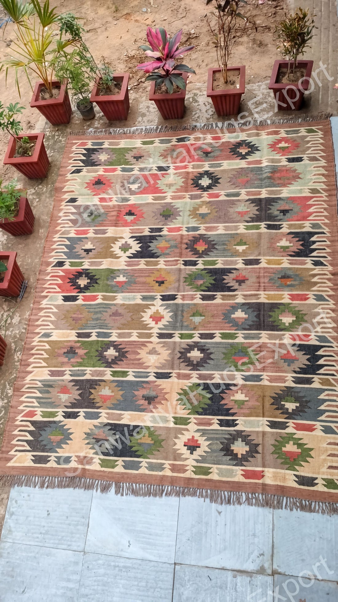 a colorful, patterned rug with a geometric design, surrounded by potted plants and a tiled floor.