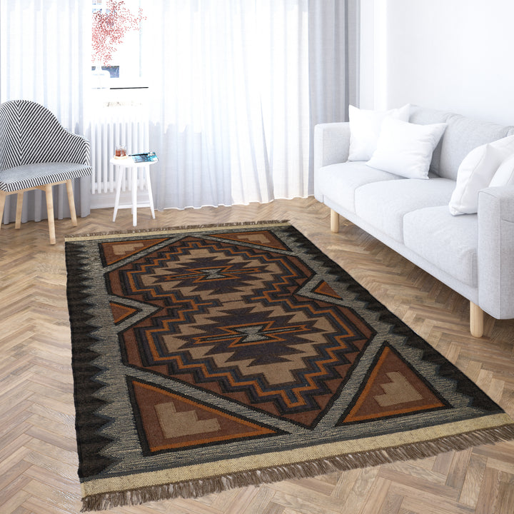 Handcrafted Wool Jute Kilim Rug in Oriental Turkish Style