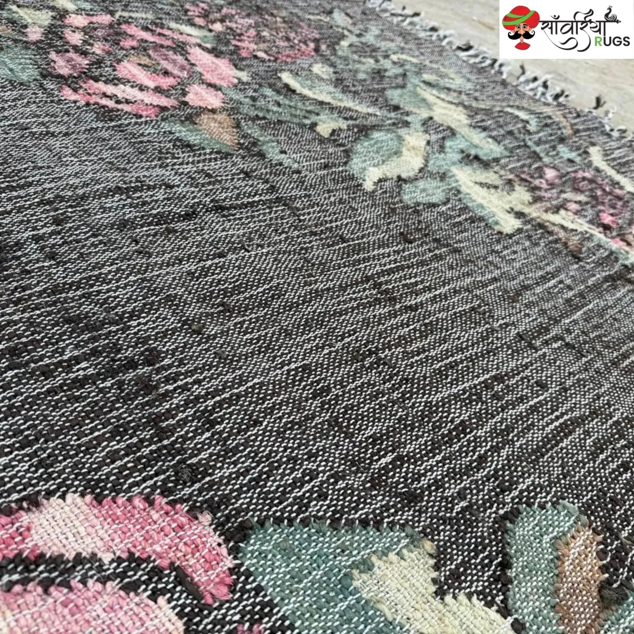 Handwoven Charcoal Black Pink Rose Jute Cotton Rug