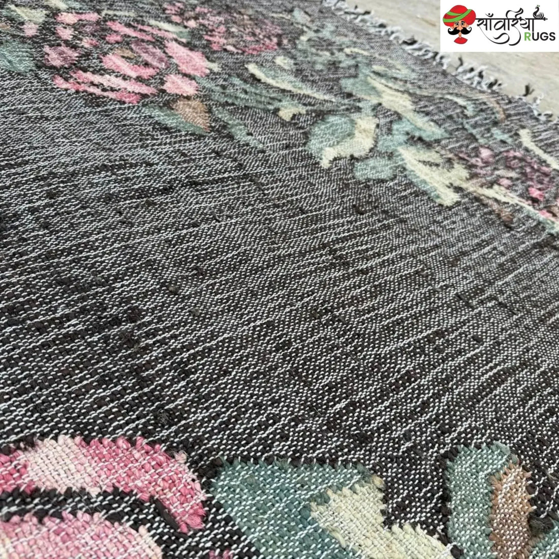 Handwoven Charcoal Black Pink Rose Jute Cotton Rug