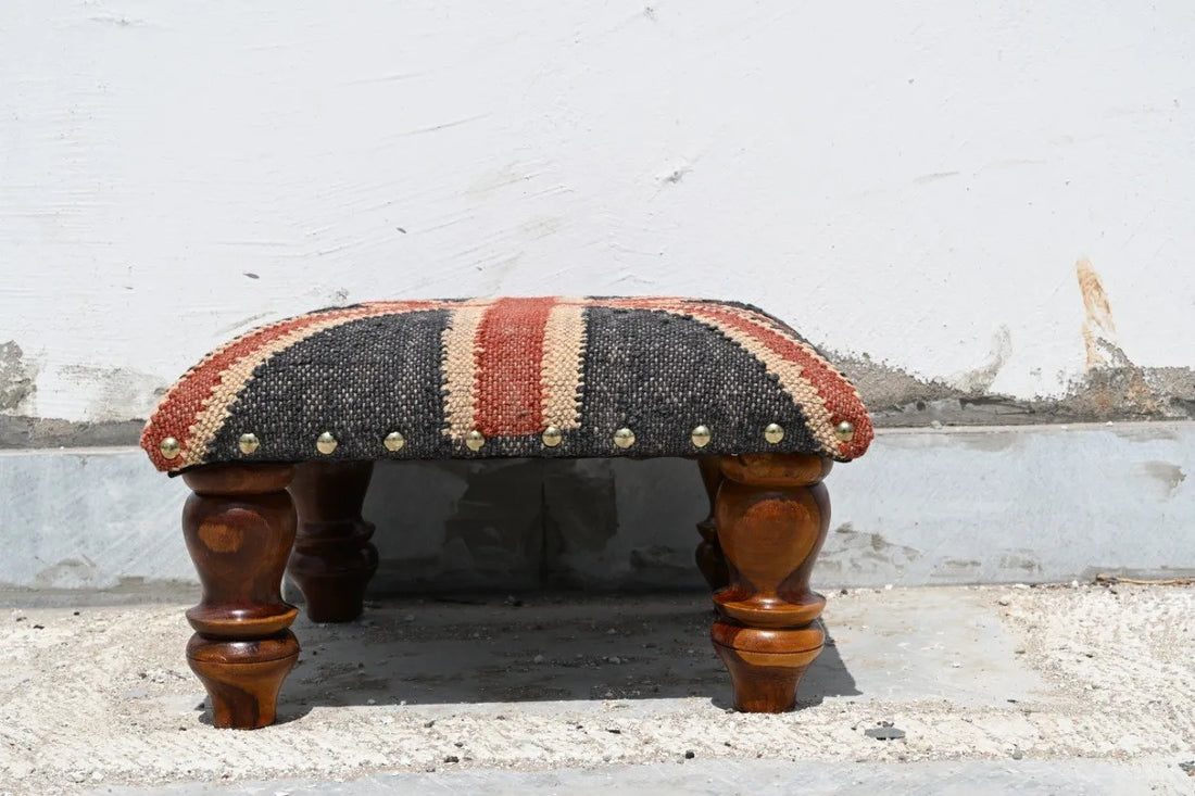 Handmade Union Jack Kilim Ottoman Footstool | Wool Jute Upholstered British Flag Pouf Stool with Solid Wooden Legs for Living Room