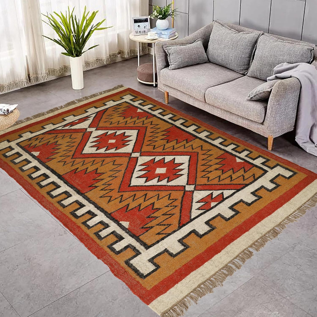 Handwoven Kilim Wool Jute Rug Geometric Pattern, Non-Slip, Versatile for Living, Bedroom & Kids Room