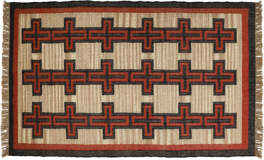 Handwoven Kilim Wool Jute Rug Geometric Pattern, Non-Slip, Versatile for Living, Bedroom & Kids Room
